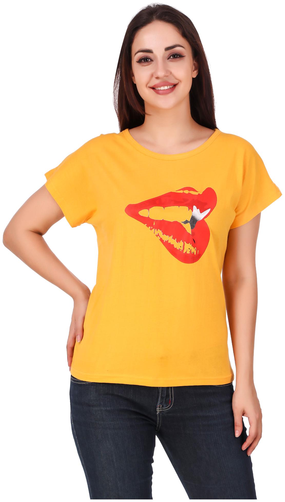 

Jollify Women Mustard Regular fit Round neck Blended T shirt