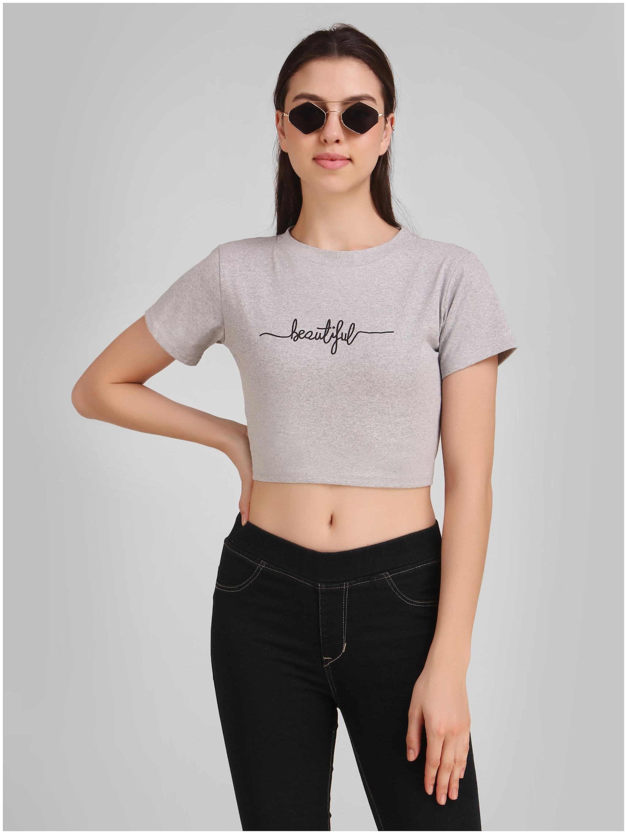 

Jollify Women Grey Regular fit Round neck Blended T shirt