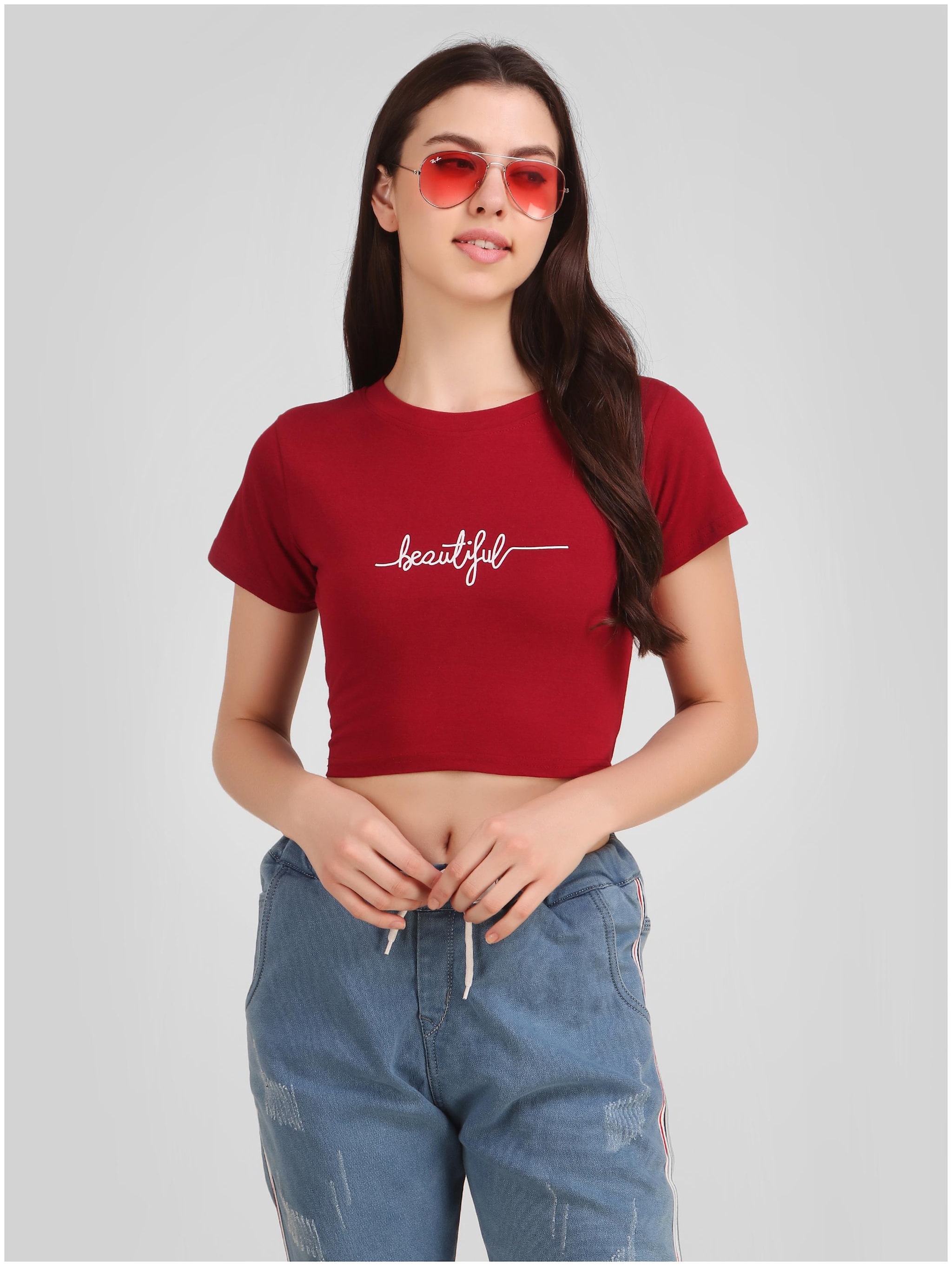 

Jollify Women Maroon Regular fit Round neck Blended T shirt