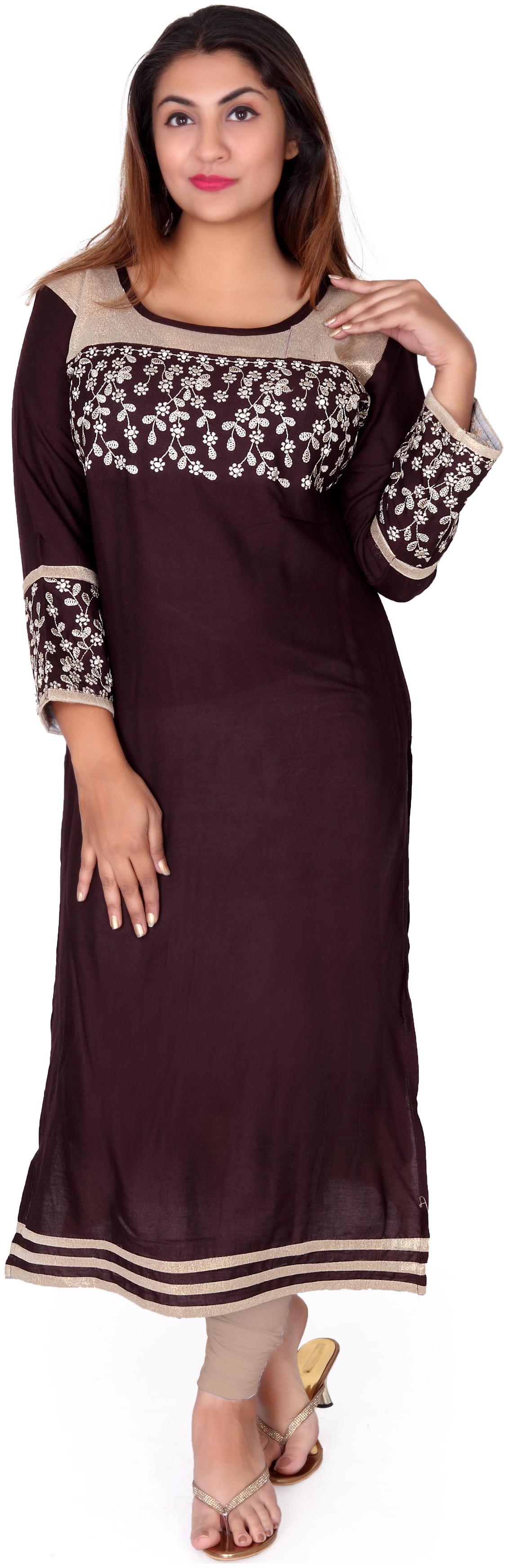 

Jugend Coffee Coloured Round Neck Full Sleeve Long street cut Heavy Rayon Kurti For Women and Girls