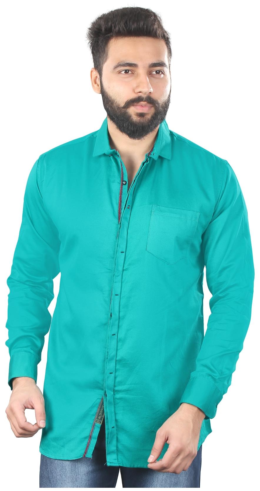 

Jugend Slim Fit Casual Turquoise Coloured Cotton Satin Men s Shinning Shirt