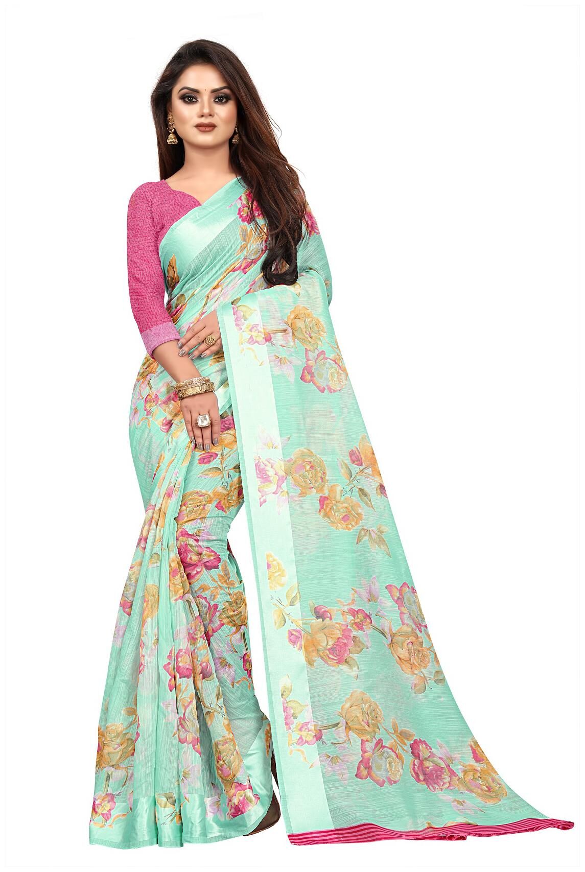 

JUMKI FASHION Linen Floral Turquoise Color Saree with Blouse Piece