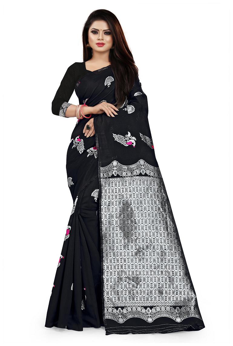 

JUMKI FASHION Women Cotton Blend Woven Black Regular Saree With Blouse