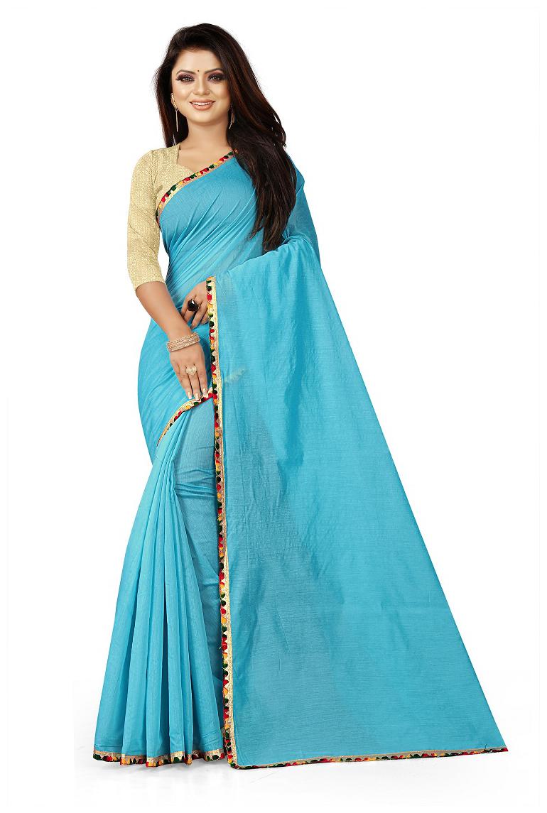 

JUMKI FASHION Women Cotton Blend Solid Turquoise Regular Saree With Blouse
