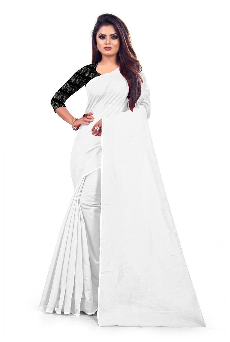 

Jumki Fashion Cotton Blend Solid White Color Saree With Blouse