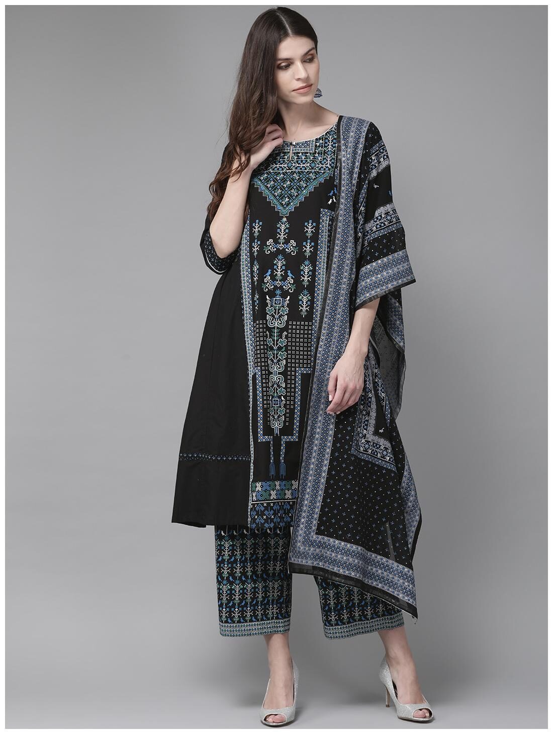 

Juniper Black Cambric Printed A-Line Kurta Palazzo Dupatta Set