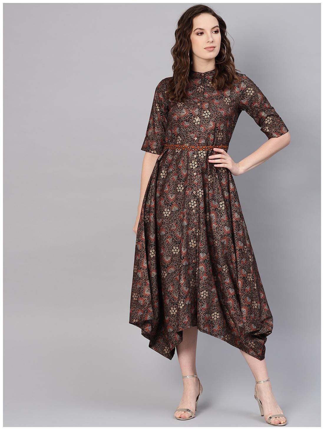 

Juniper Black Rayon Printed Asymmetric Dress with Belt