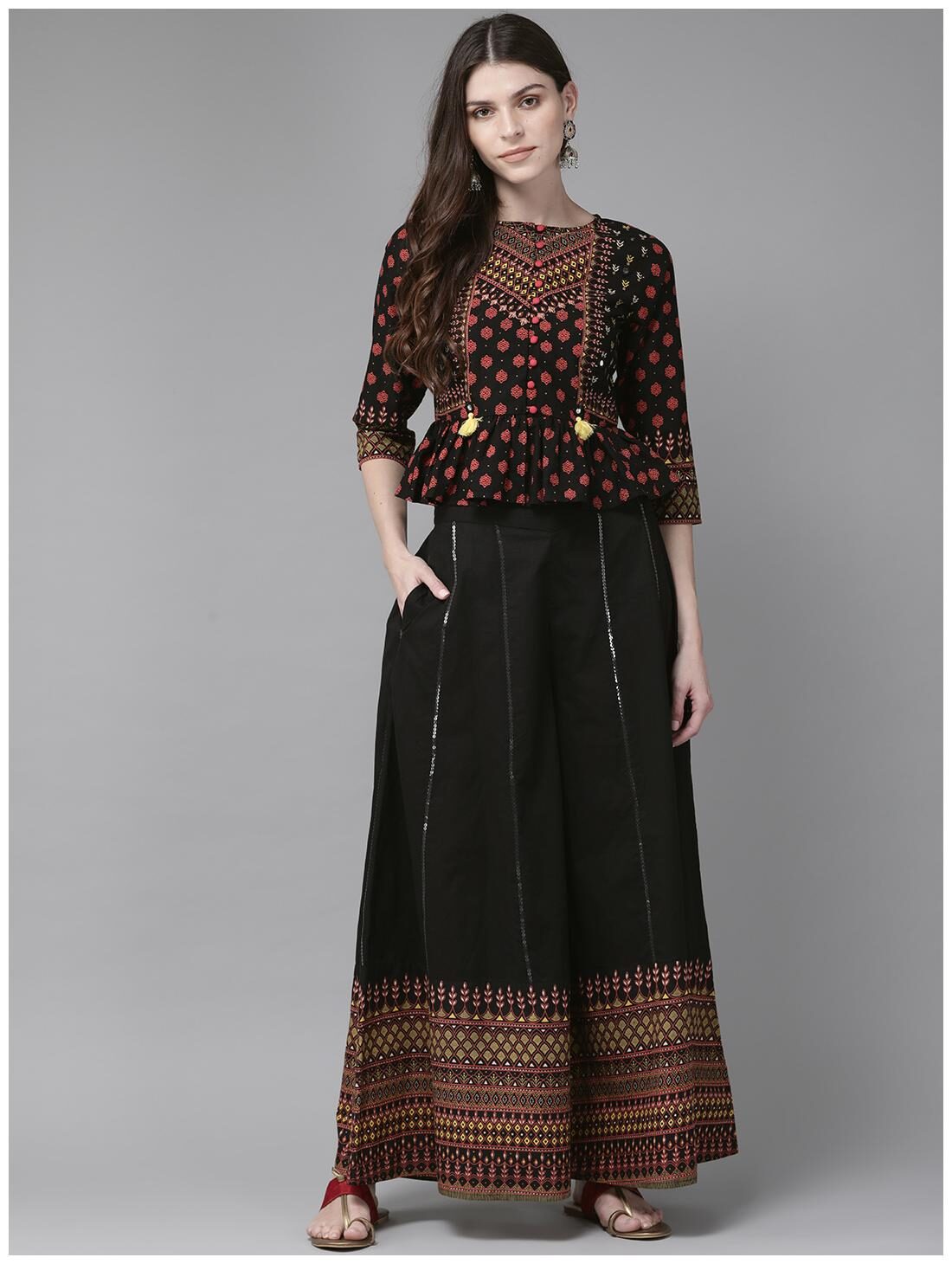 

Juniper Black Cambric Printed Peplum Crop-Top with Palazzo