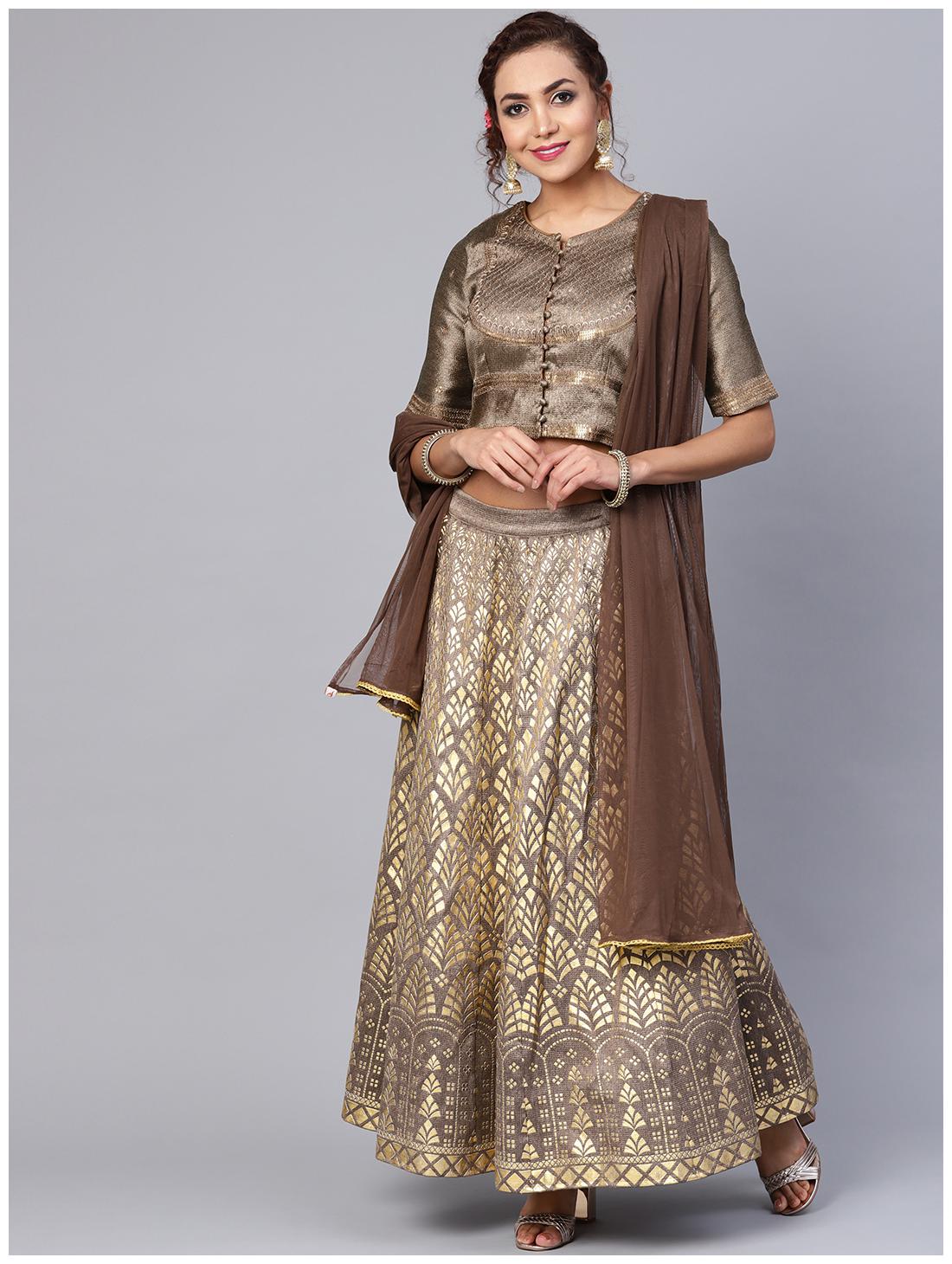 

Juniper Brown Jute Jacquard Kalidar Lehenga Choli Dupatta Set with Satin Lining Cancan