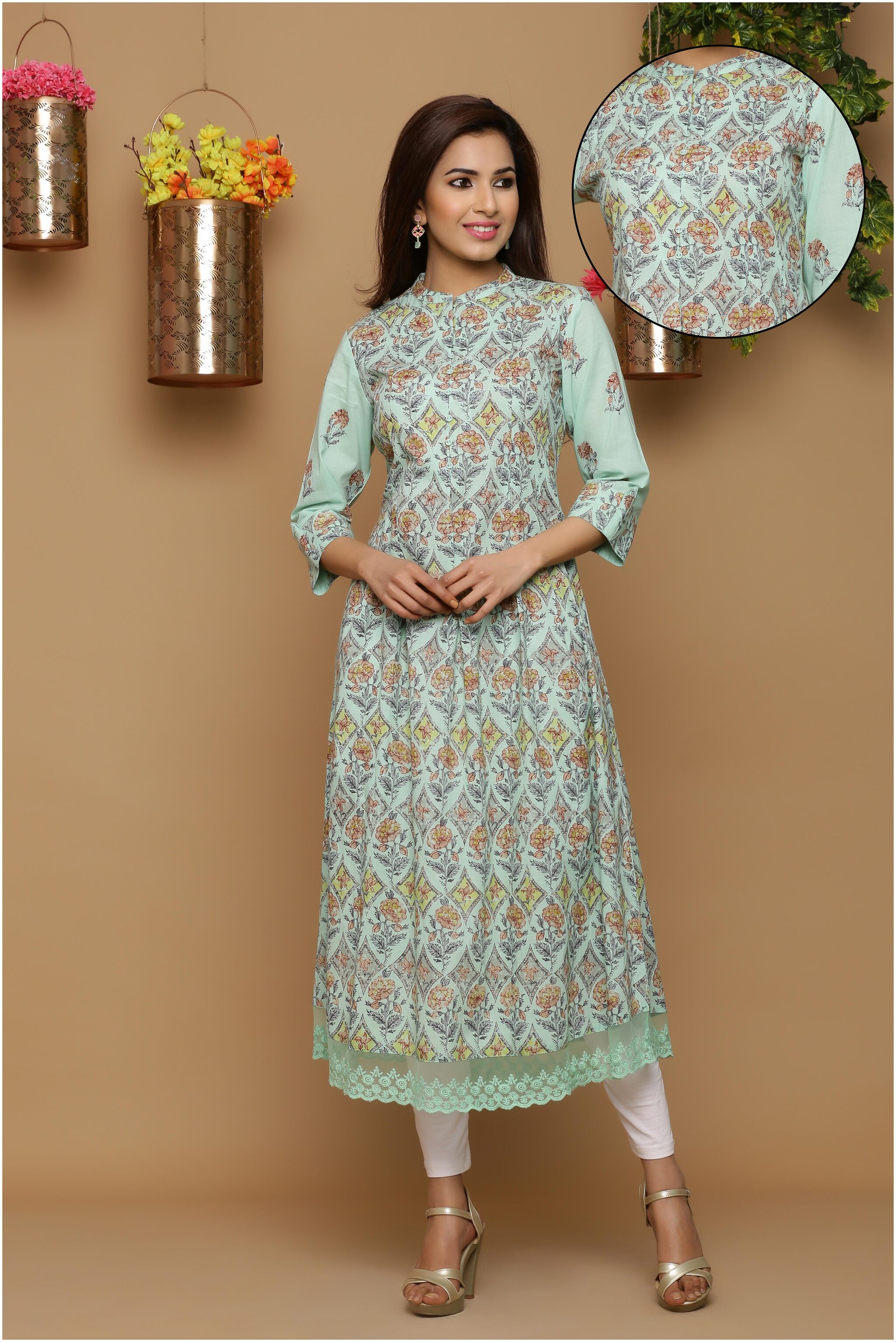 

Juniper Women Green Floral Fit and Flare Kurta