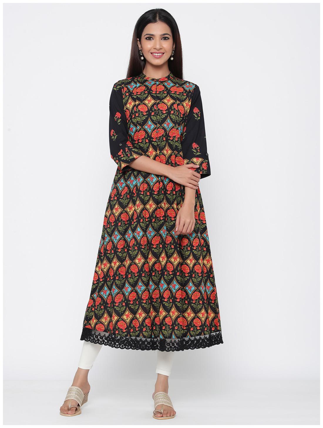 

Juniper Women Black Floral Fit and Flare Kurta