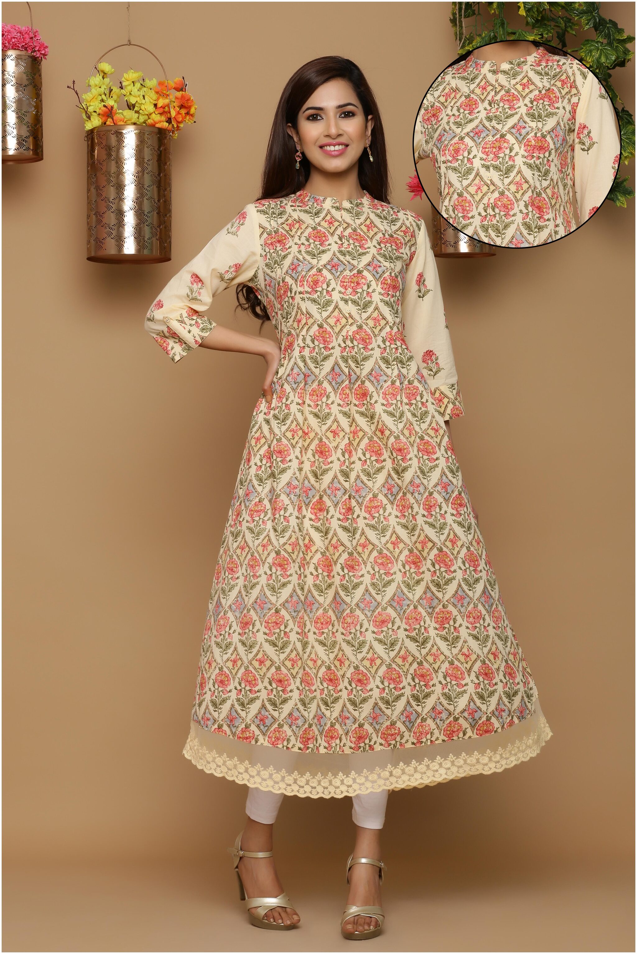 

Juniper Women Beige Floral Fit and Flare Kurta