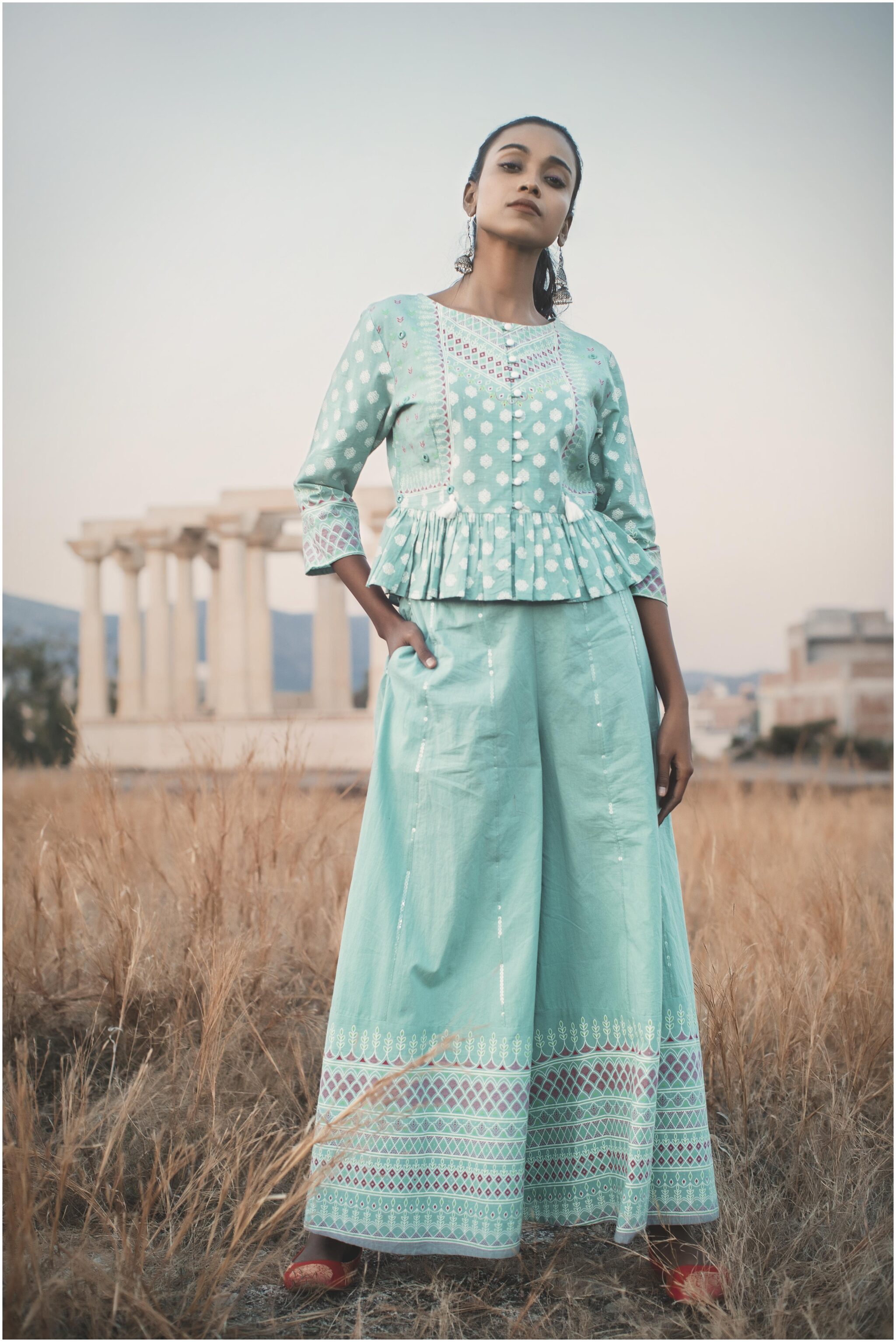 

Juniper Cambric Ethnic Motifs Blue Top Palazzo Without Dupatta Women