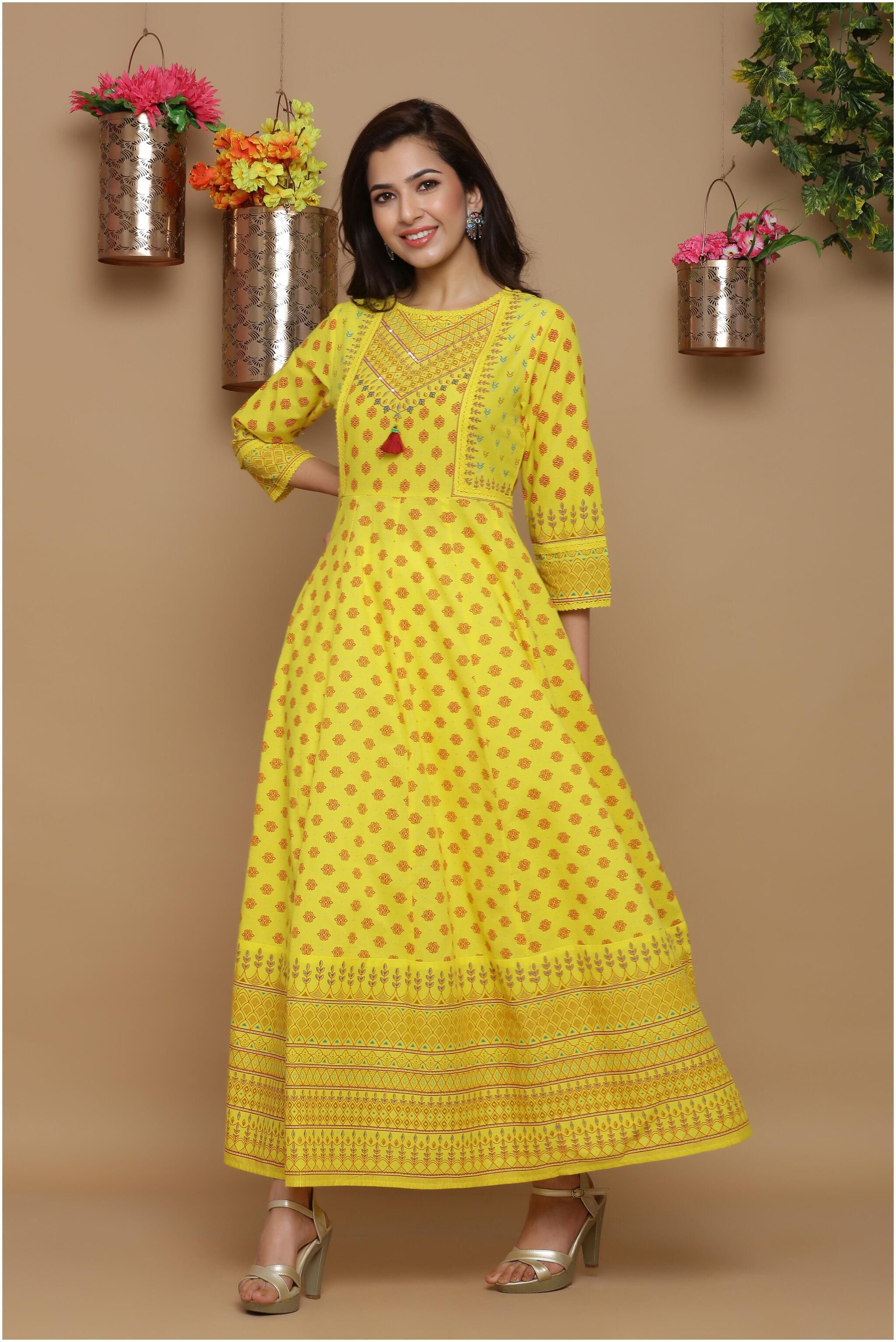 

Juniper Cambric Ethnic Motifs Yellow Kurti For Women