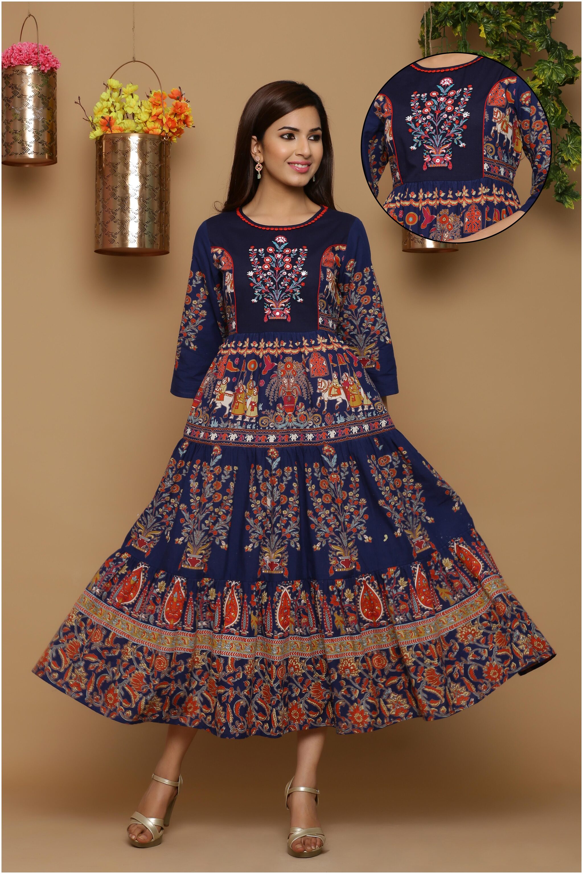 

Juniper Cambric Floral Navy Blue Kurti For Women