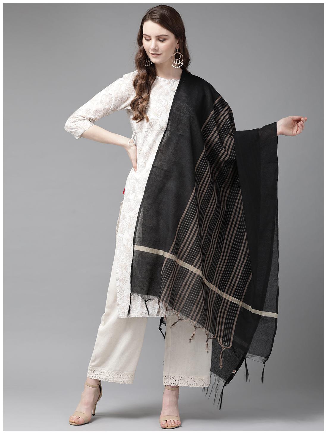 

Juniper Chanderi Black Striped Dupatta For Women
