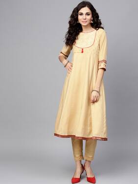 Juniper Women Chanderi Ethnic Motifs Anarkali Kurta - Beige