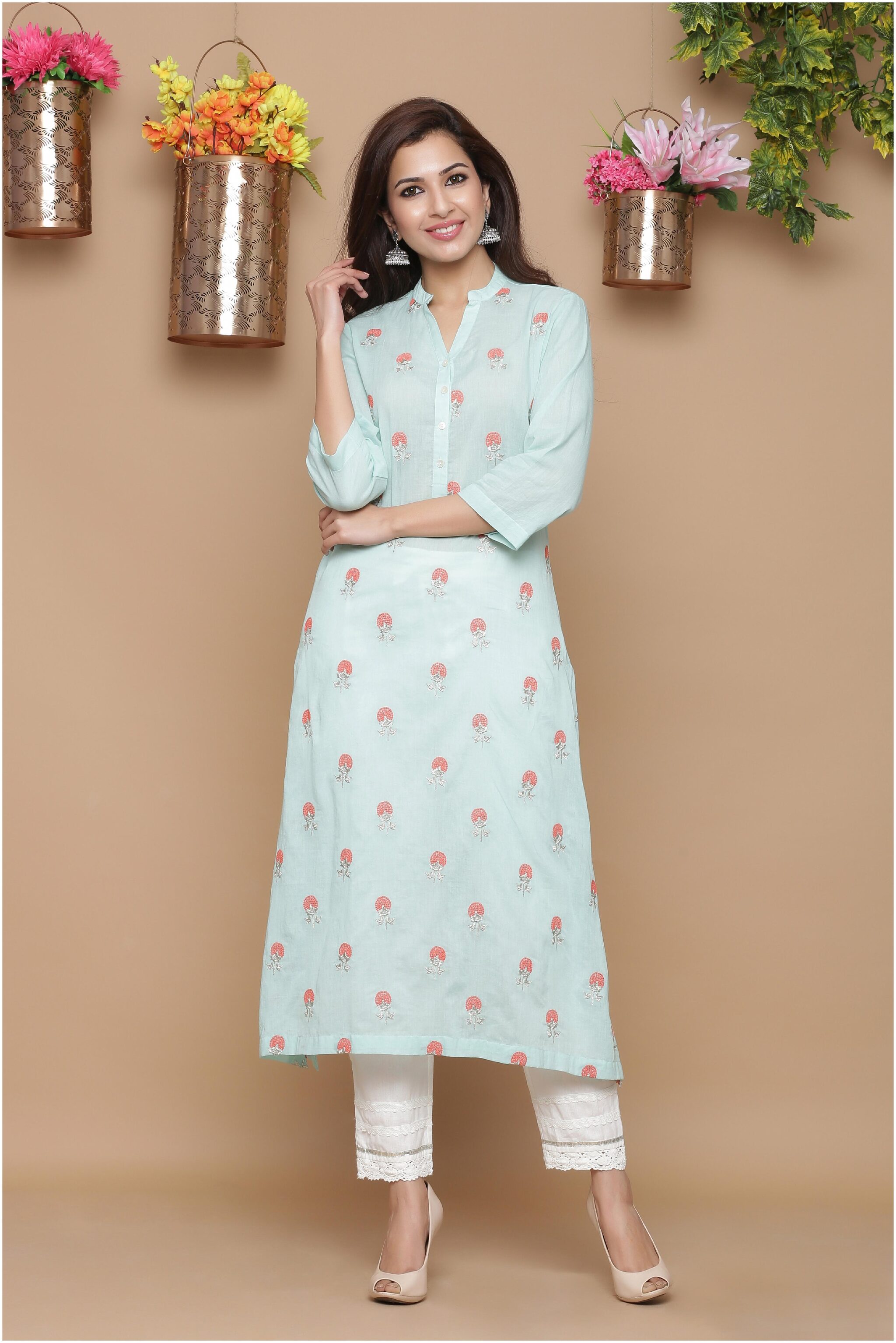 

Juniper Women Turquoise Embroidered Straight Kurta