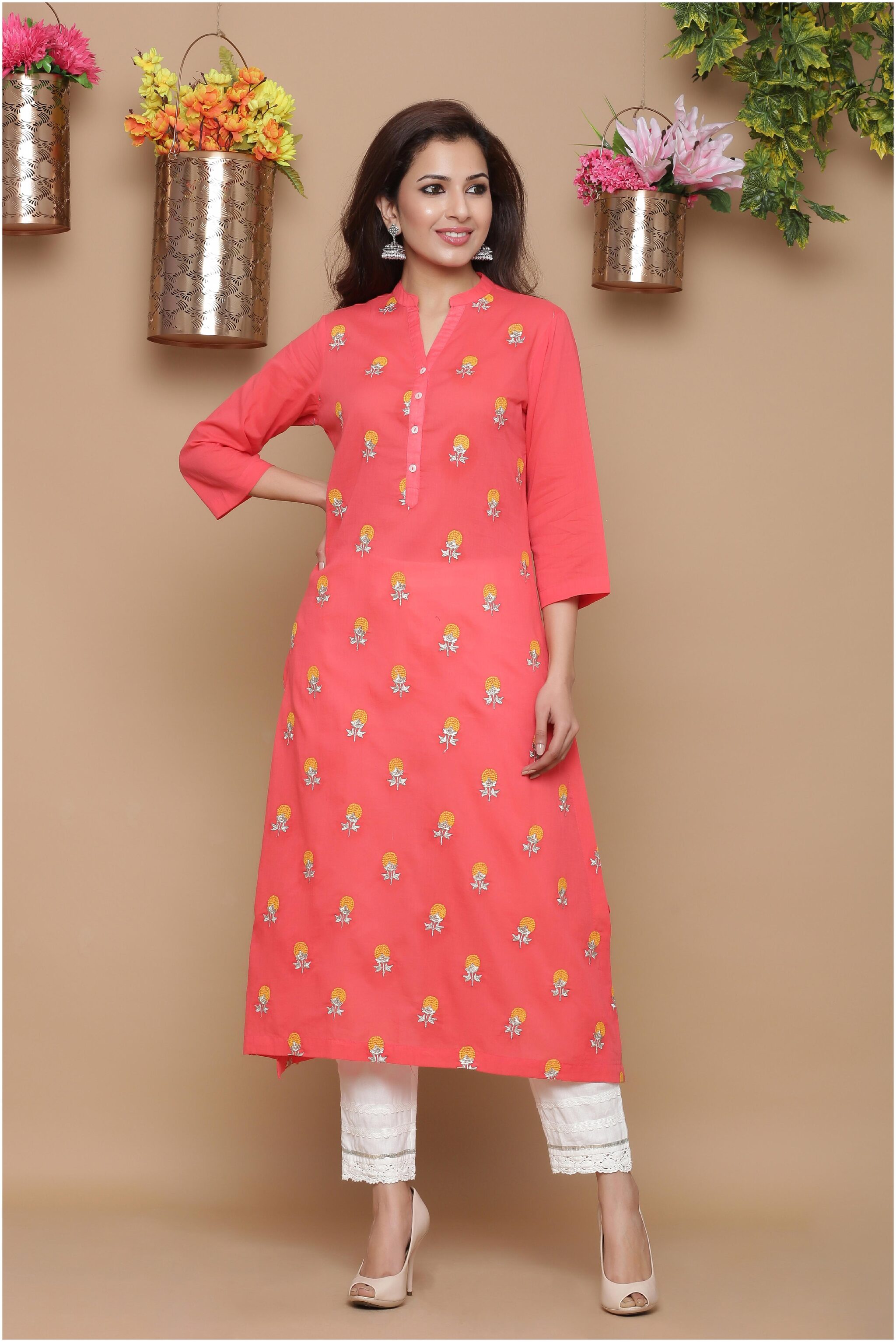 

Juniper Women Peach Embroidered Straight Kurta