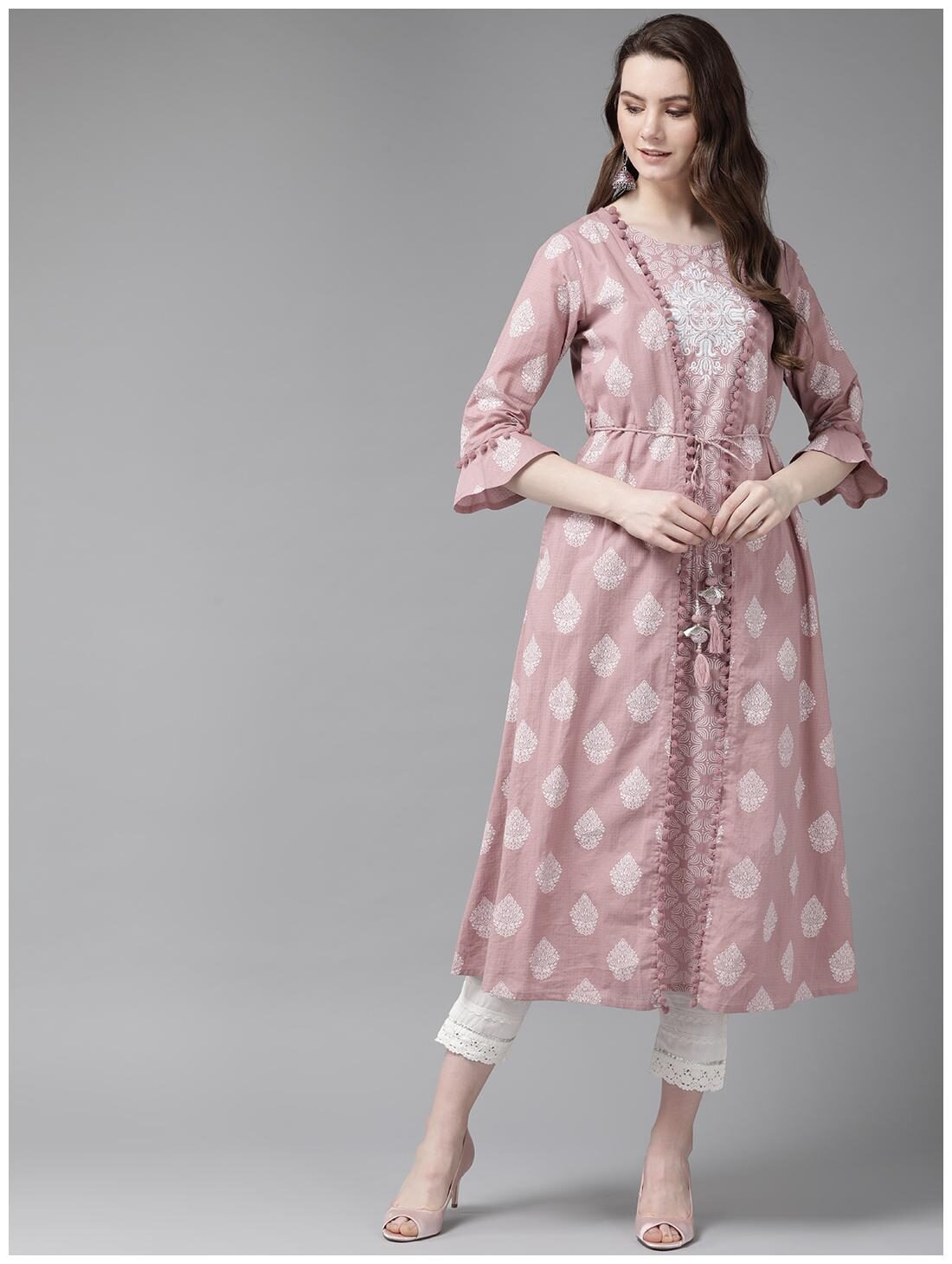 

Juniper Cotton Boat Neck 3 4th Sleeves Floral Pink Kurta For Women