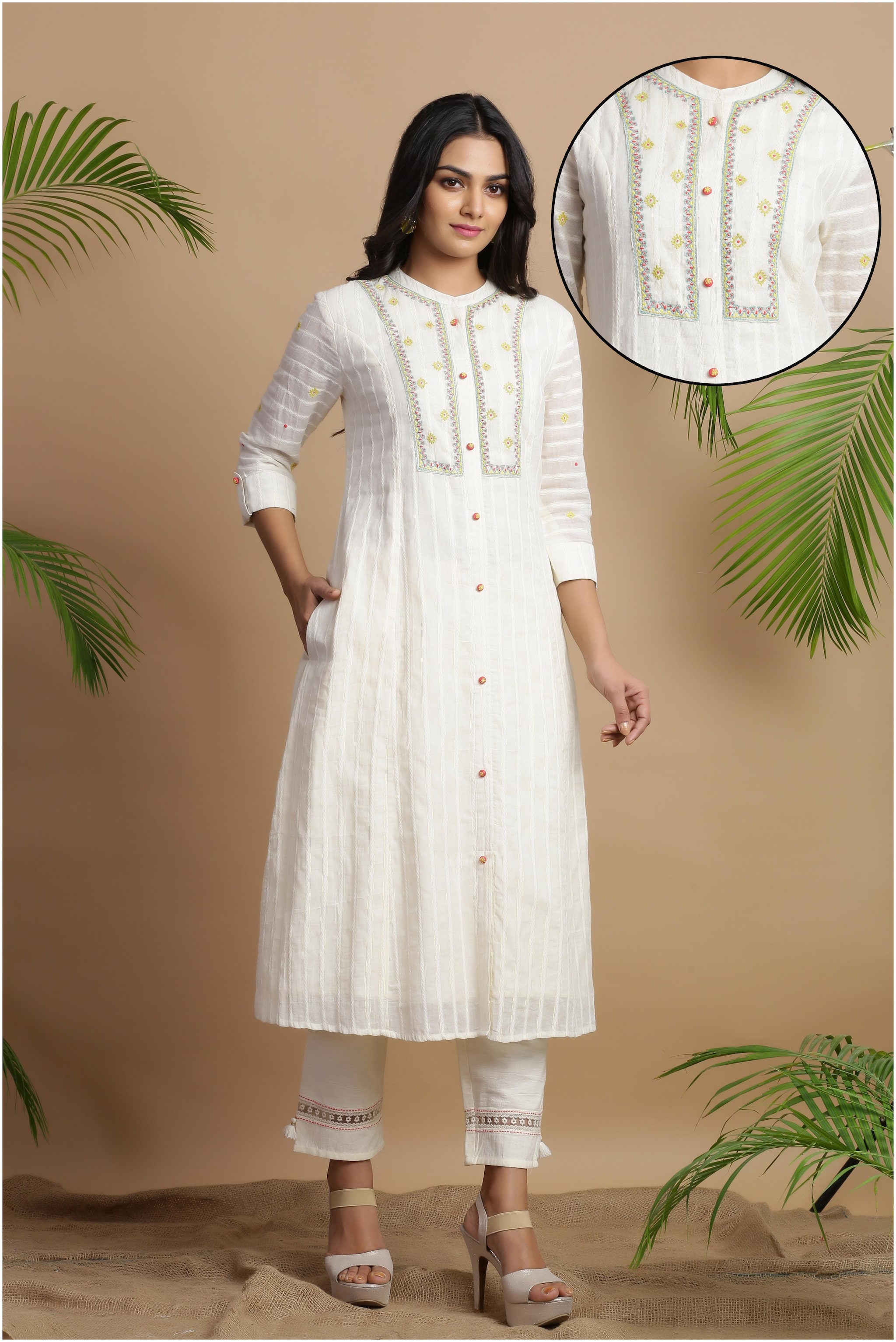 

Juniper Cotton Embroidered Cream Kurti For Women