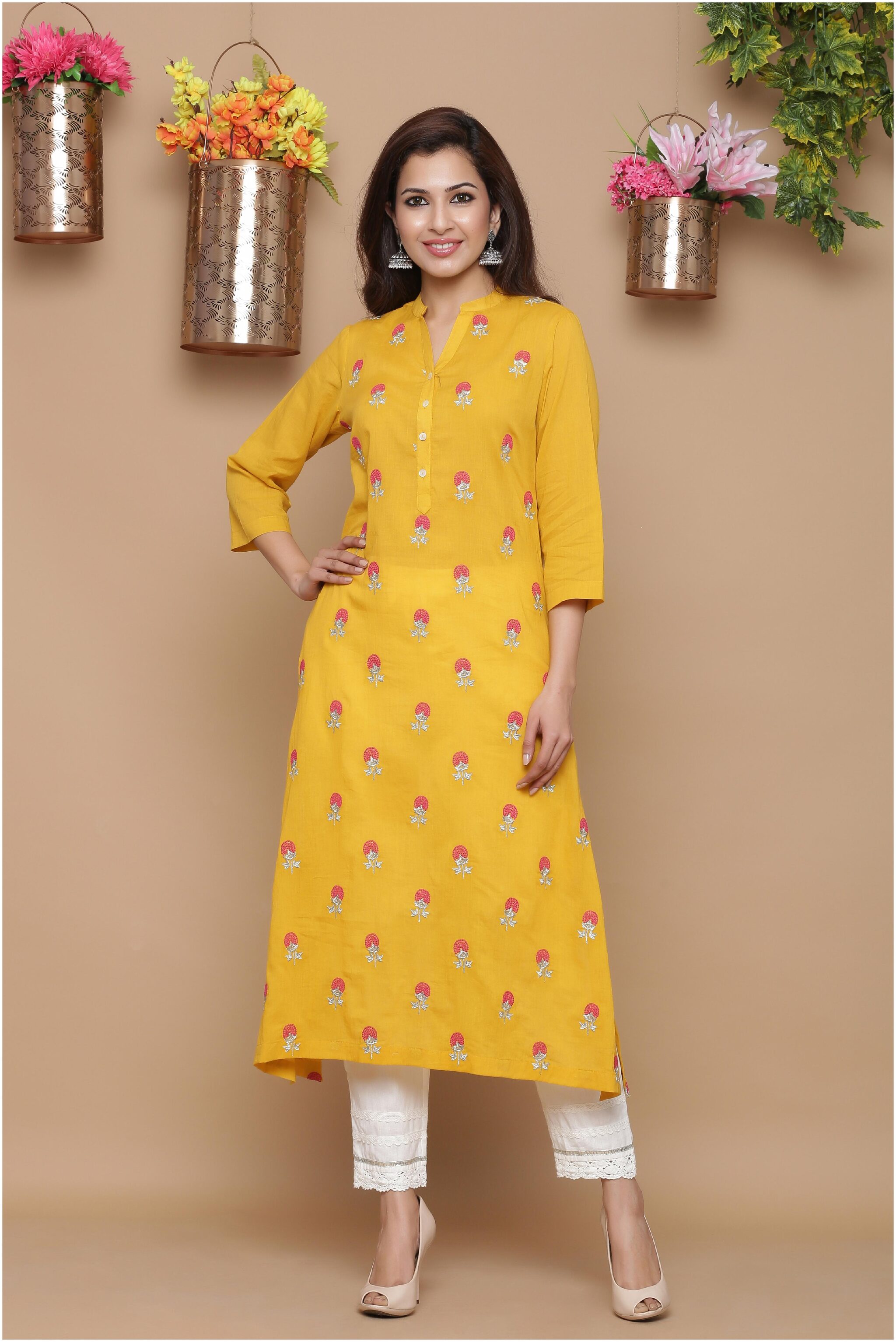 

Juniper Women Yellow Embroidered Straight Kurta