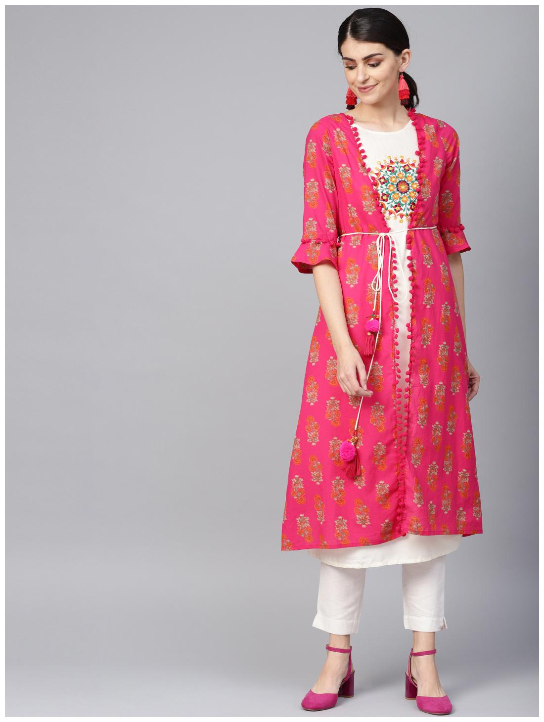 

Juniper Women Pink Floral Layered Kurta