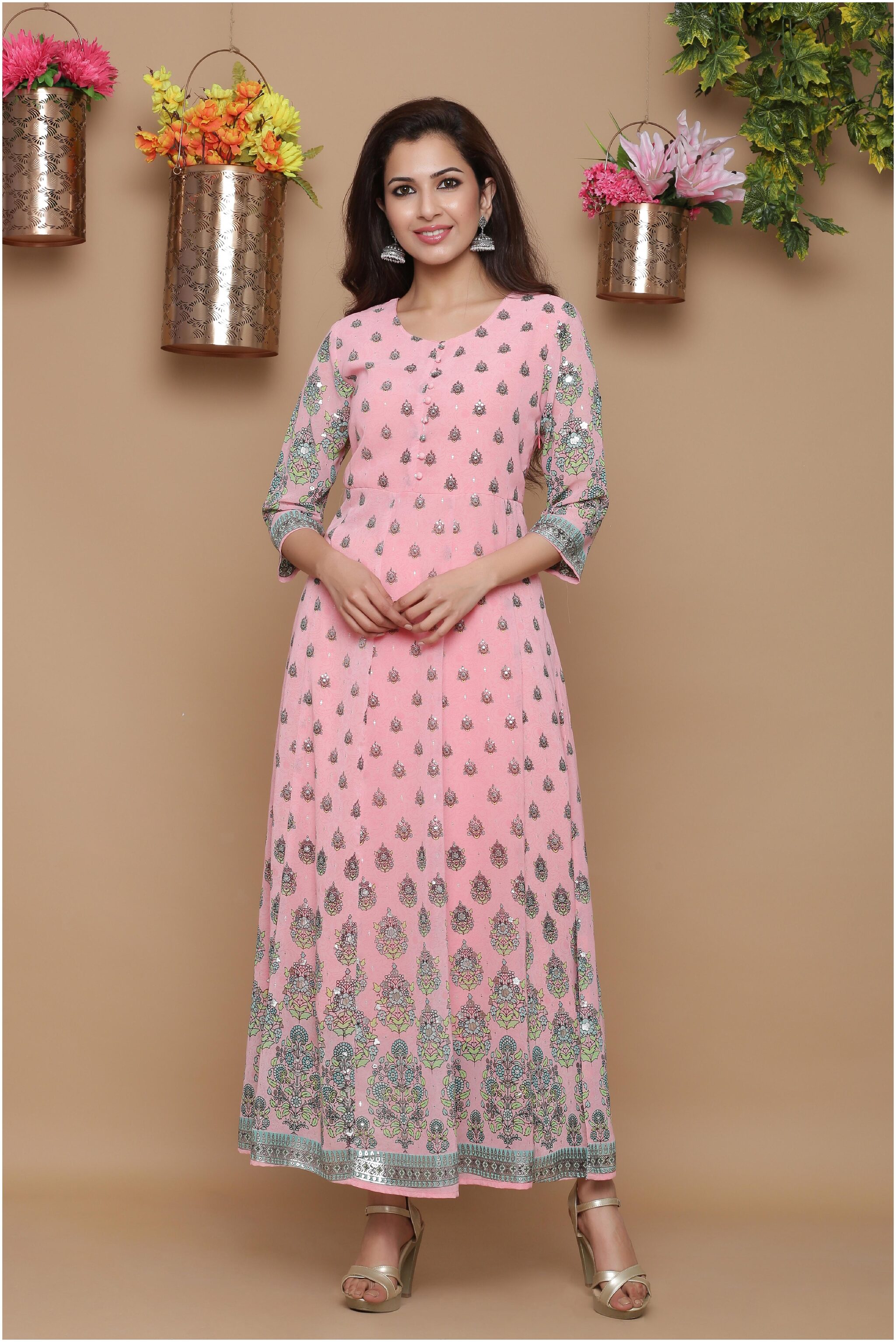 

Juniper Georgette Ethnic Motifs Pink Kurti For Women