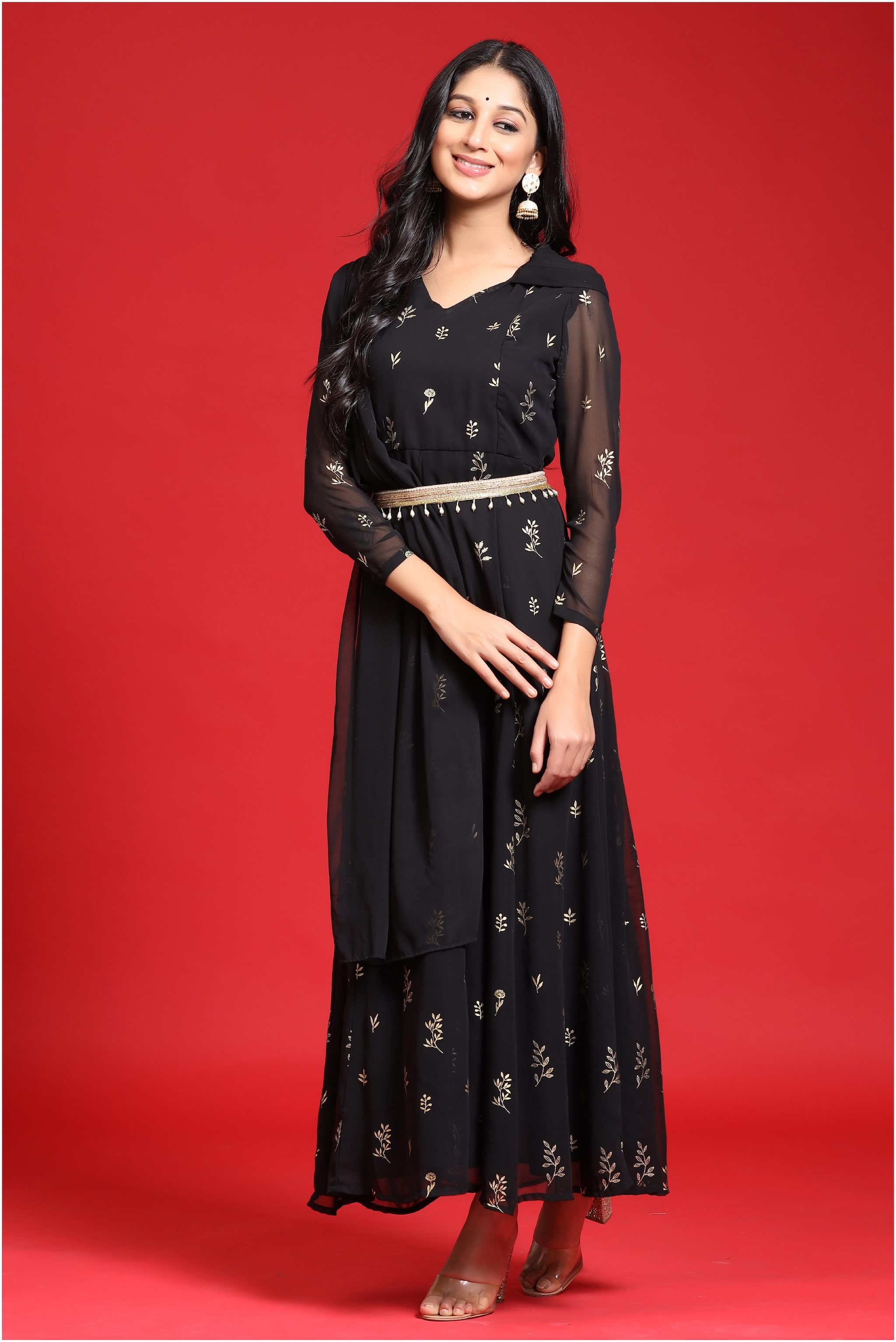 

Juniper Georgette Black Floral Only Gown Women