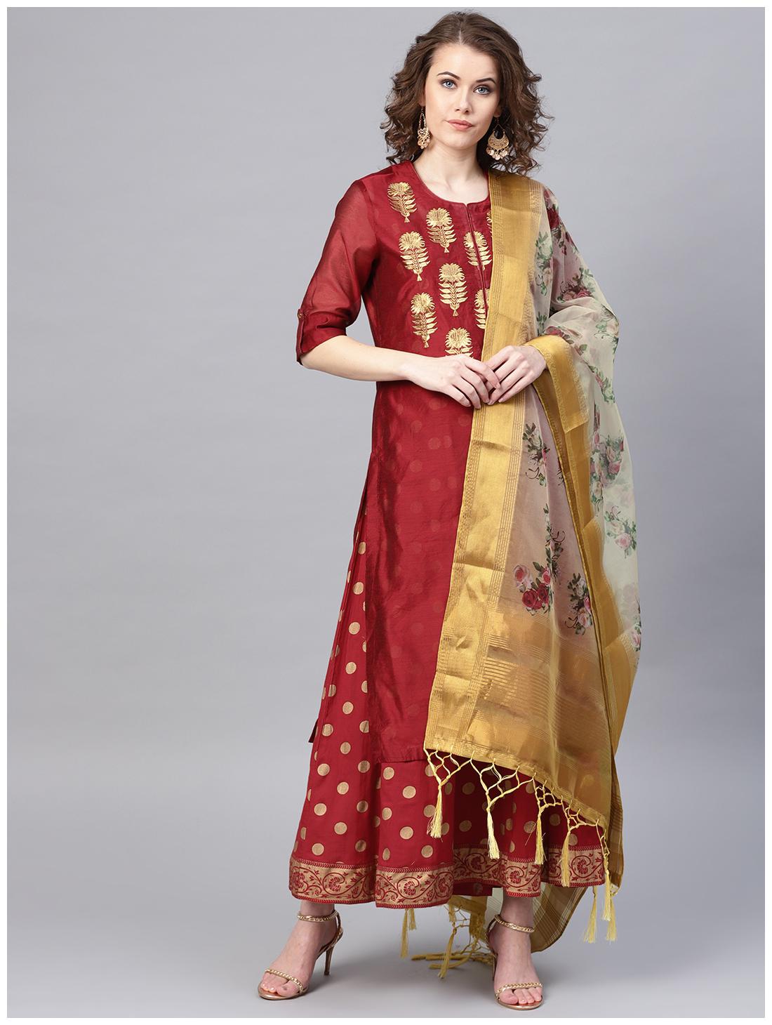 

Juniper Green Silk Floral Print Dupatta