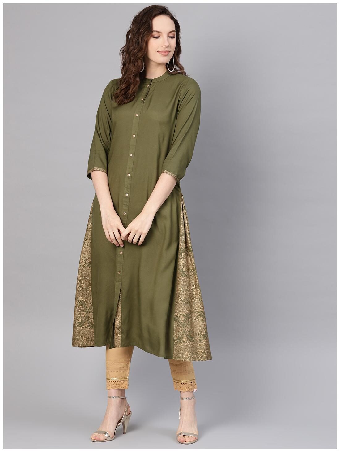 

Juniper Green Rayon Printed A-line Kurta