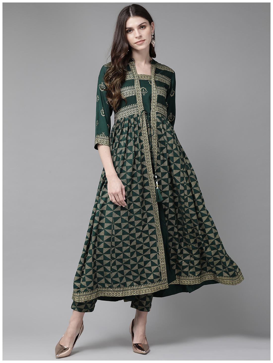 

Juniper Jadegreen Rayon Slub Printed Jacket Style Kurta with Pants