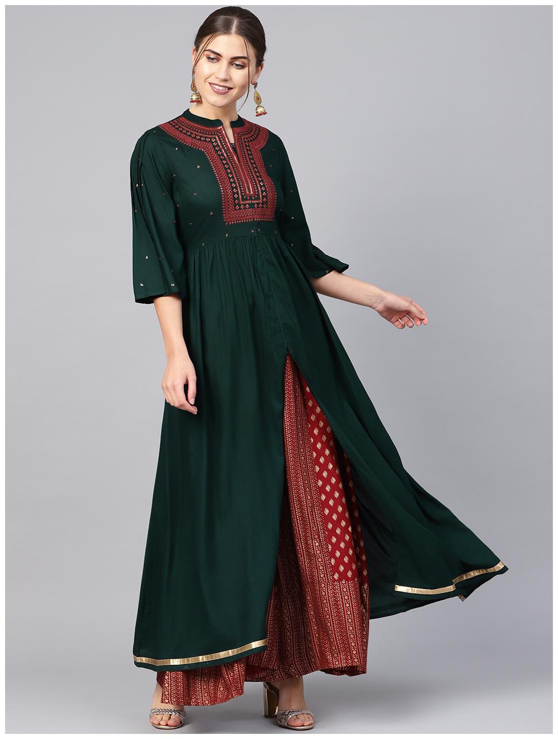 

Juniper Women Green Printed High Slit Kurta With Palazzo