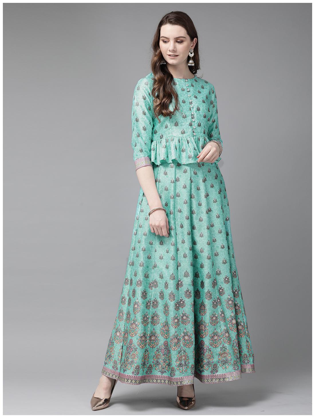 

Juniper Mint Micro Poly Printed Kalidar Crop-Top with Skirt Set