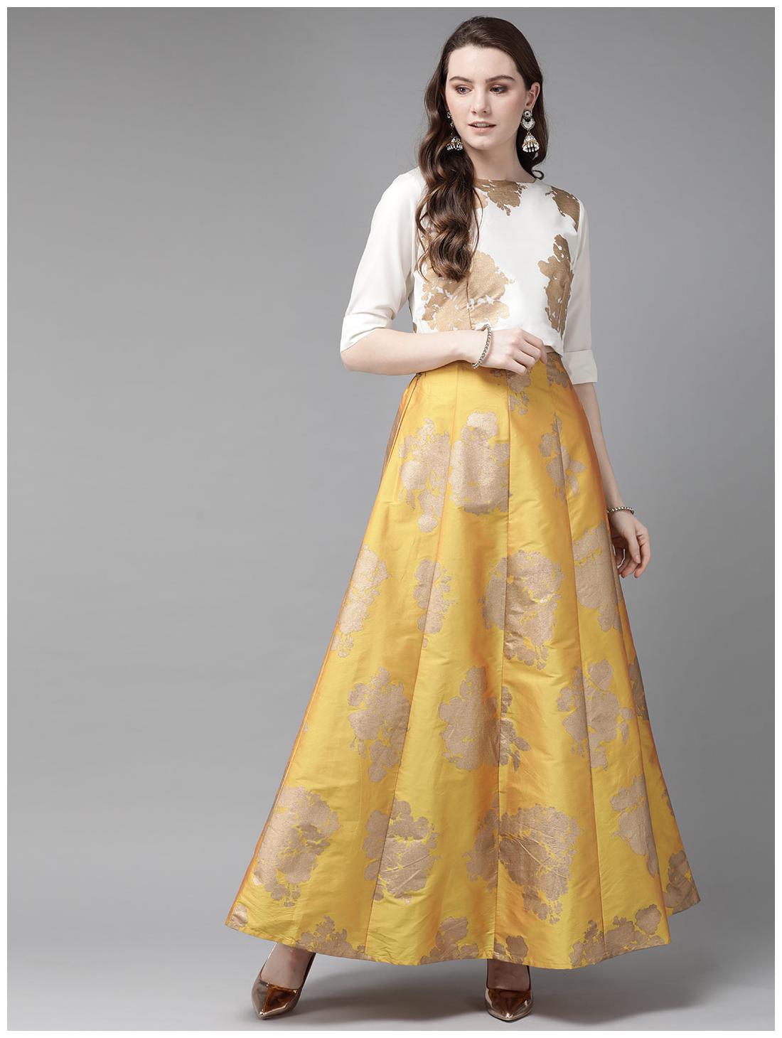 

Juniper Mustard Taffeta Silk Foil Print Crop-Top with Skirt Set
