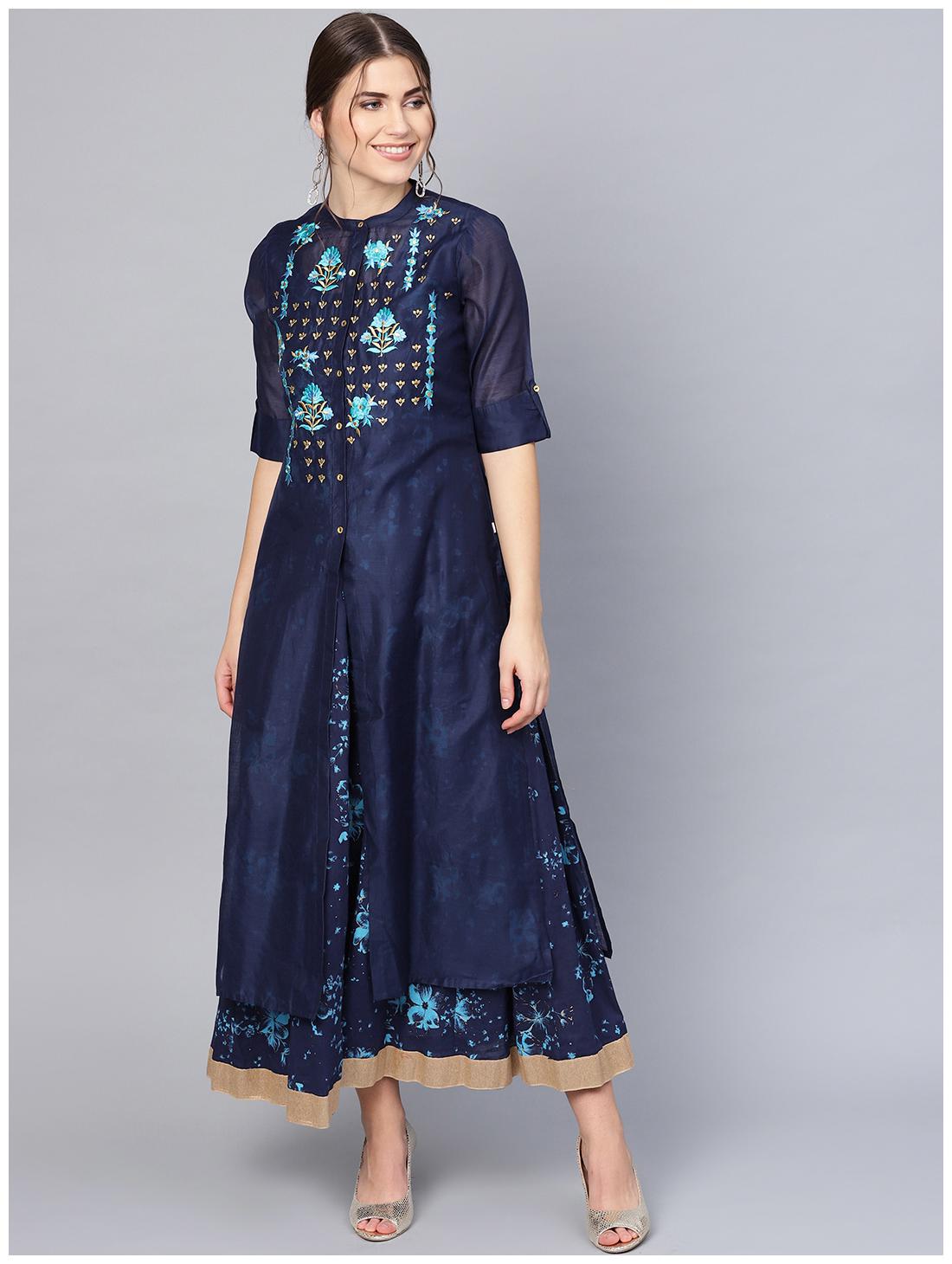 

Juniper Women Navy Blue Embroidered Layered Kurta