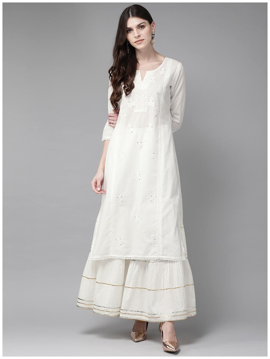

Juniper Offwhite Cotton Voile Embroidered Straight Kurta with Sharara