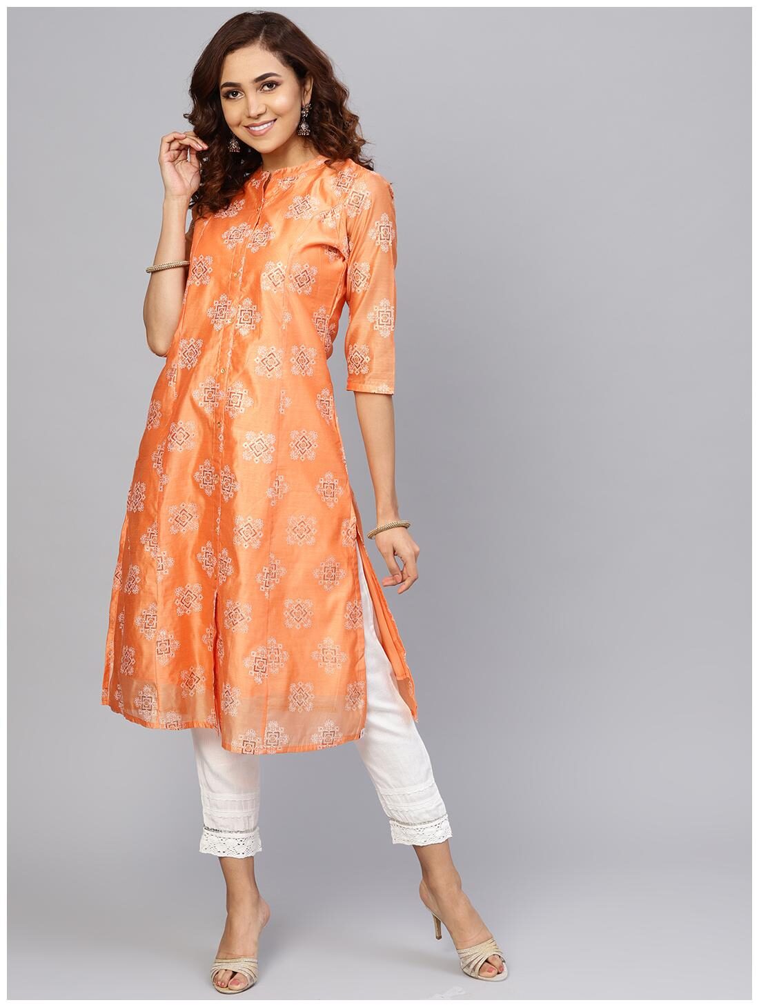 

Juniper Orange Chanderi Embellished A-line Kurta