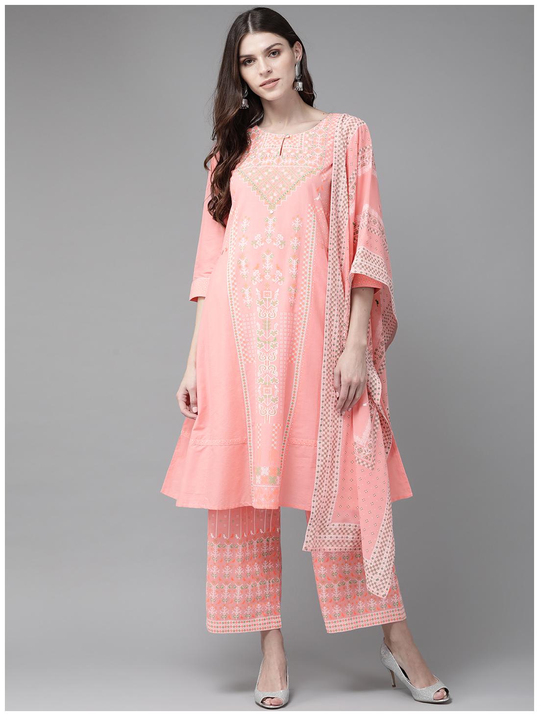 

Juniper Pink Cambric Printed A-Line Kurta Palazzo Dupatta Set