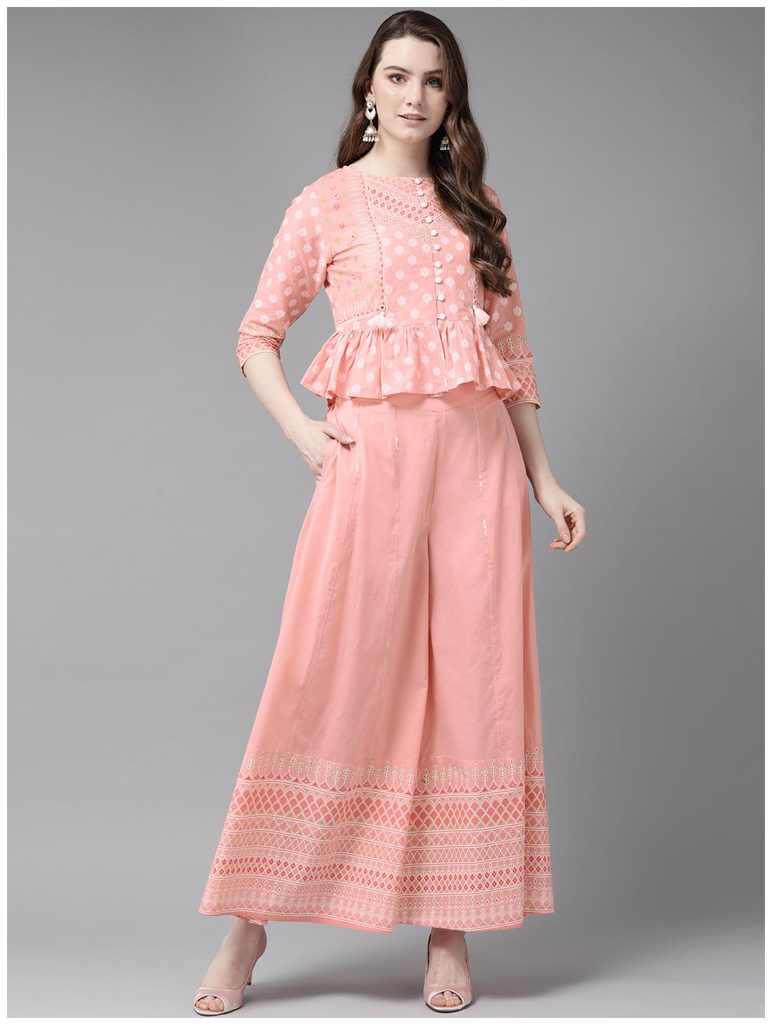 

Juniper Pink Cambric Printed Peplum Crop-Top with Palazzo