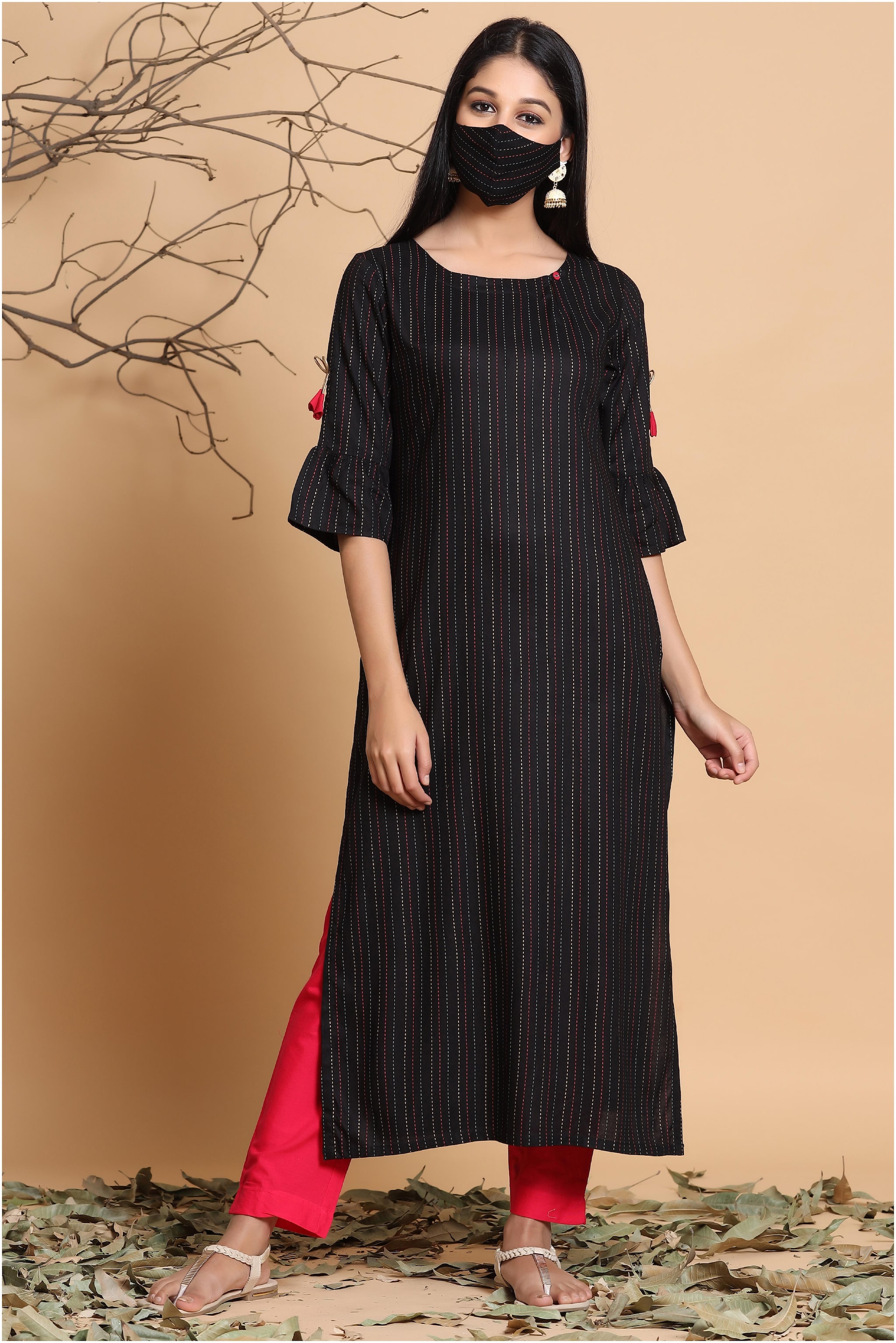 

Juniper Women Black Striped Straight Kurta