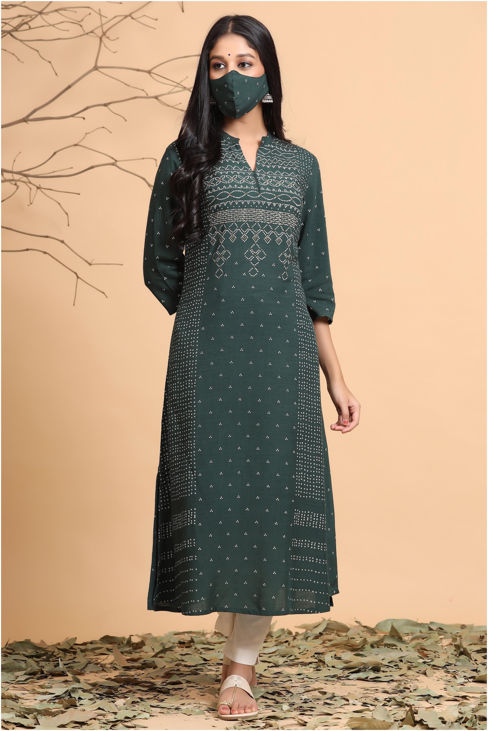 

Juniper Rayon Dark Green Bandhani Kurta For Women