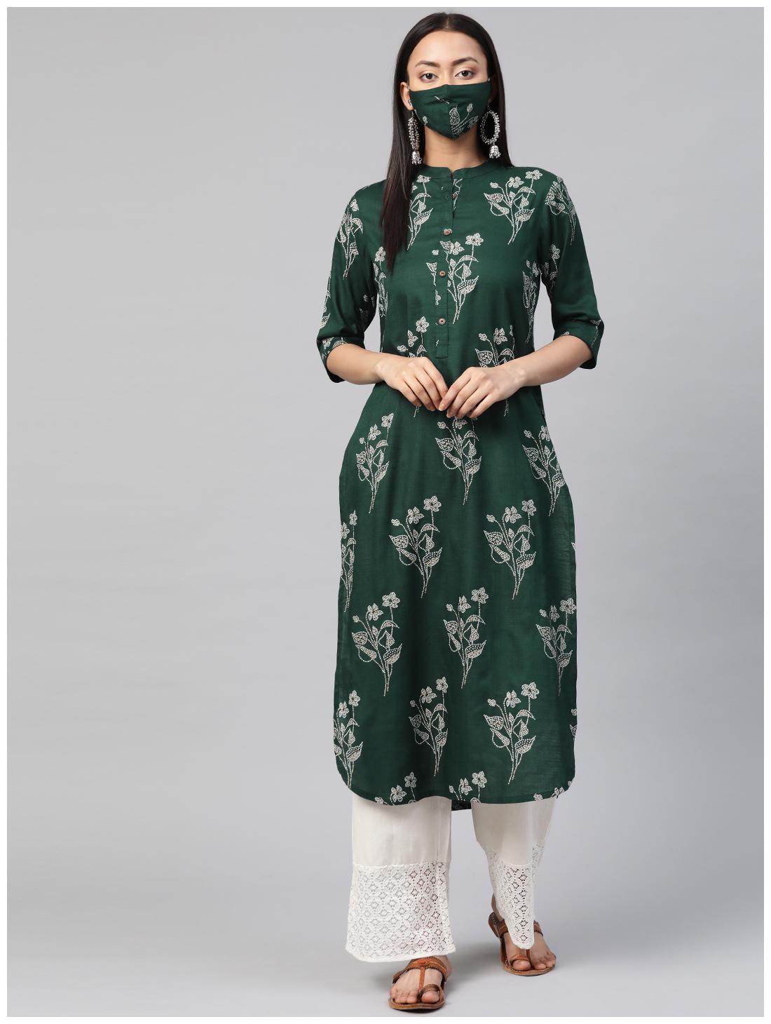 

Juniper Women Dark Green Floral Straight Kurta