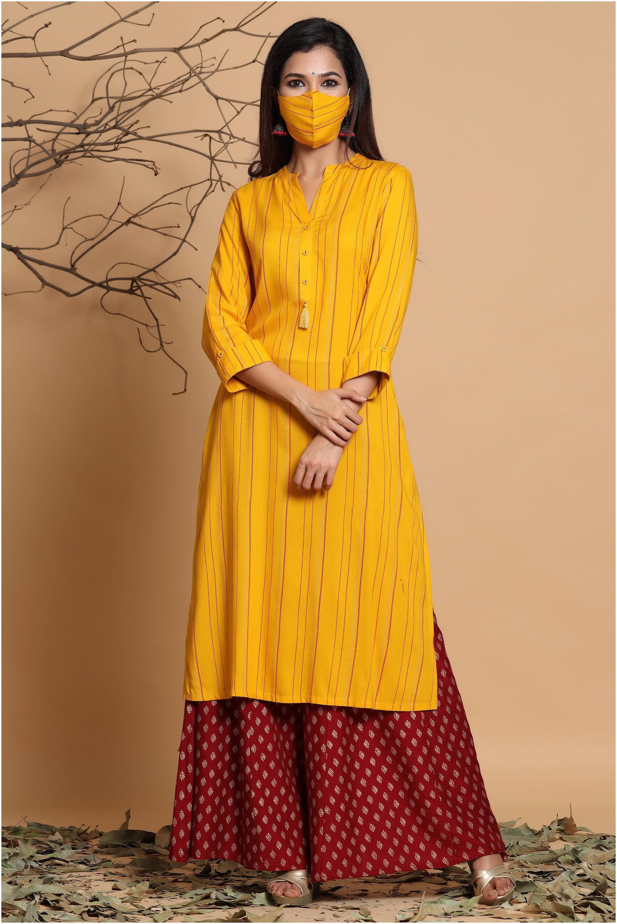

Juniper Women Mustard Striped Straight Kurta