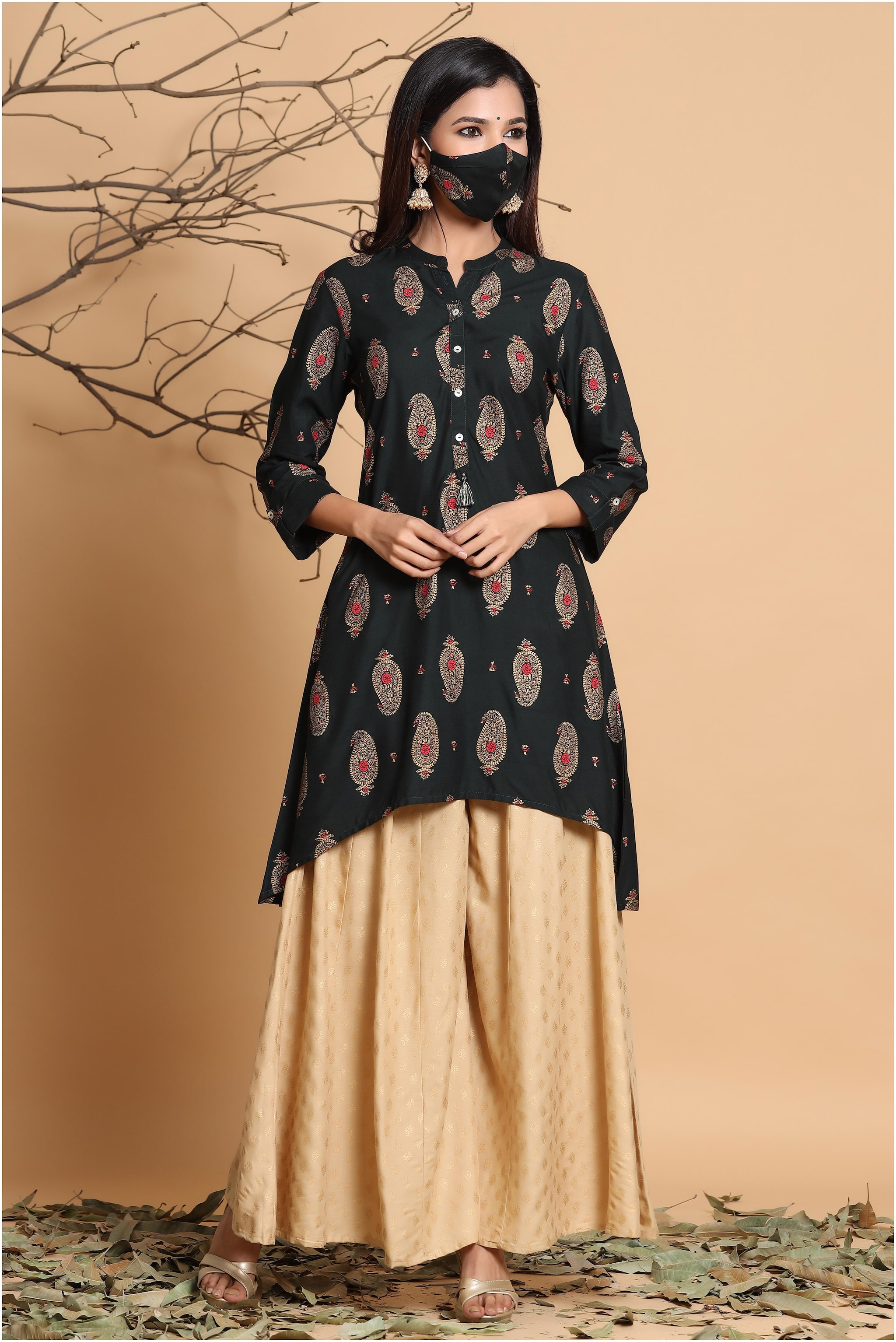 

Juniper Women Dark Green Printed Assymetrical Kurta