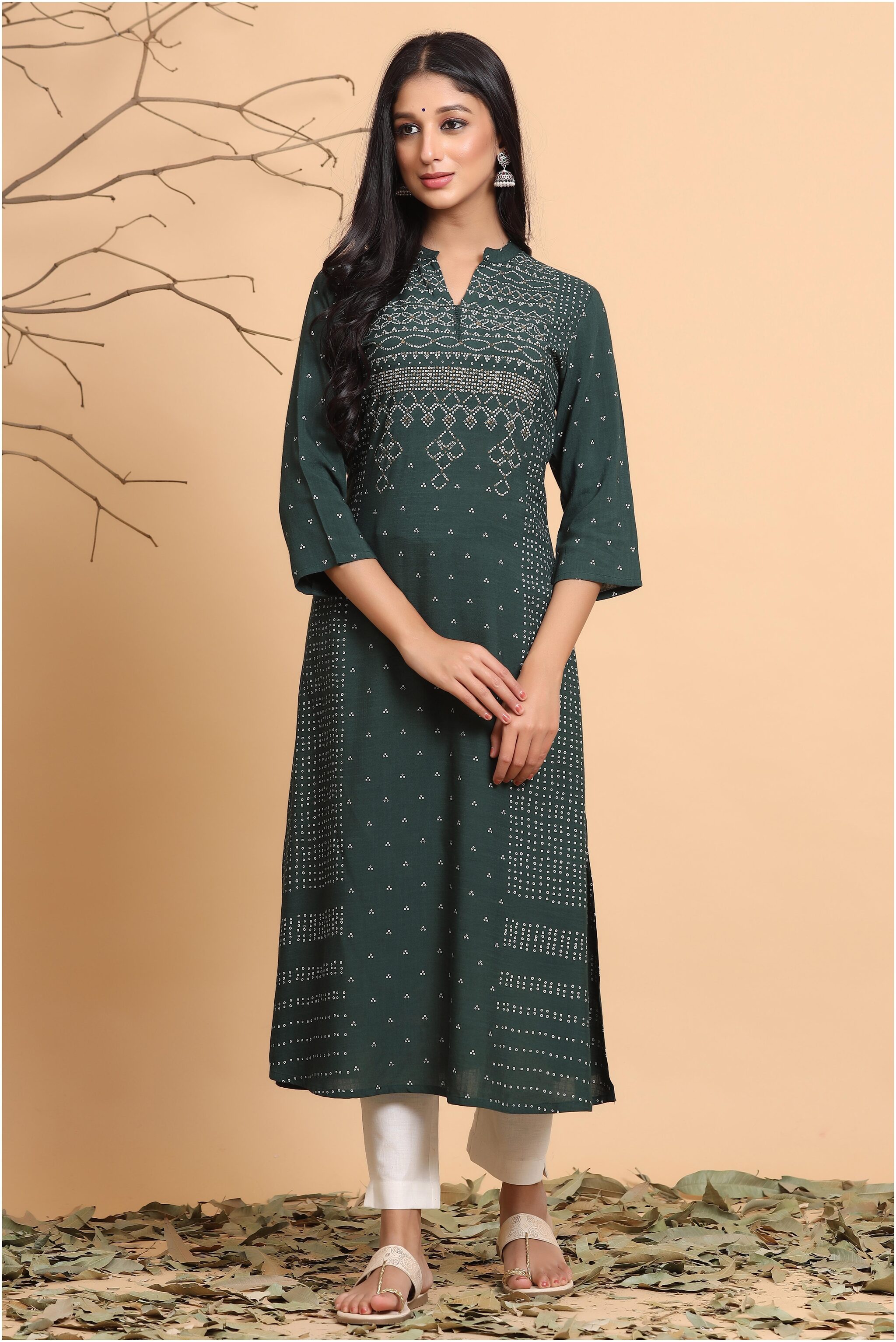 

Juniper Rayon Dark Green Bandhani Kurta For Women