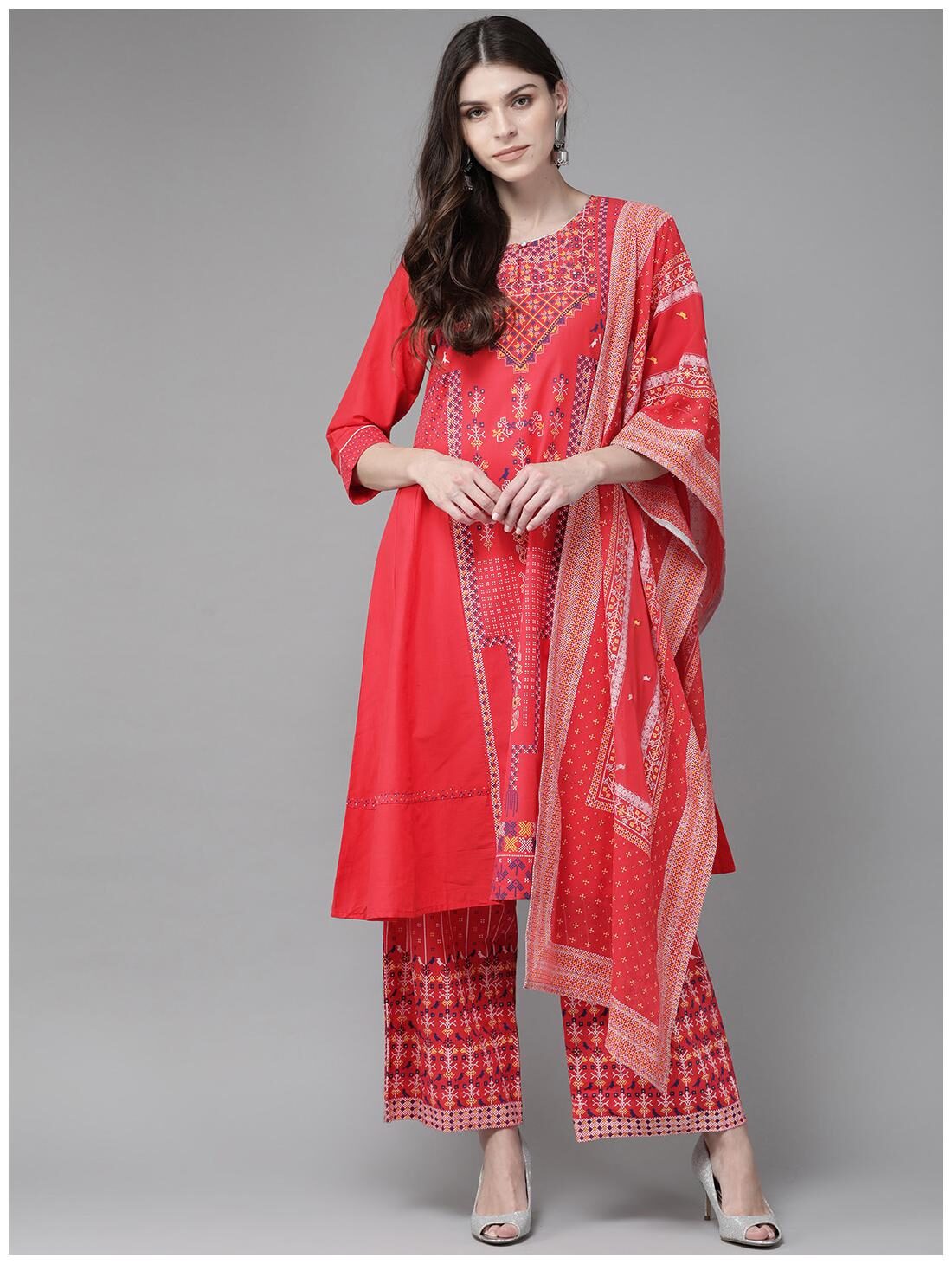 

Juniper Red Cambric Printed A-Line Kurta Palazzo Dupatta Set