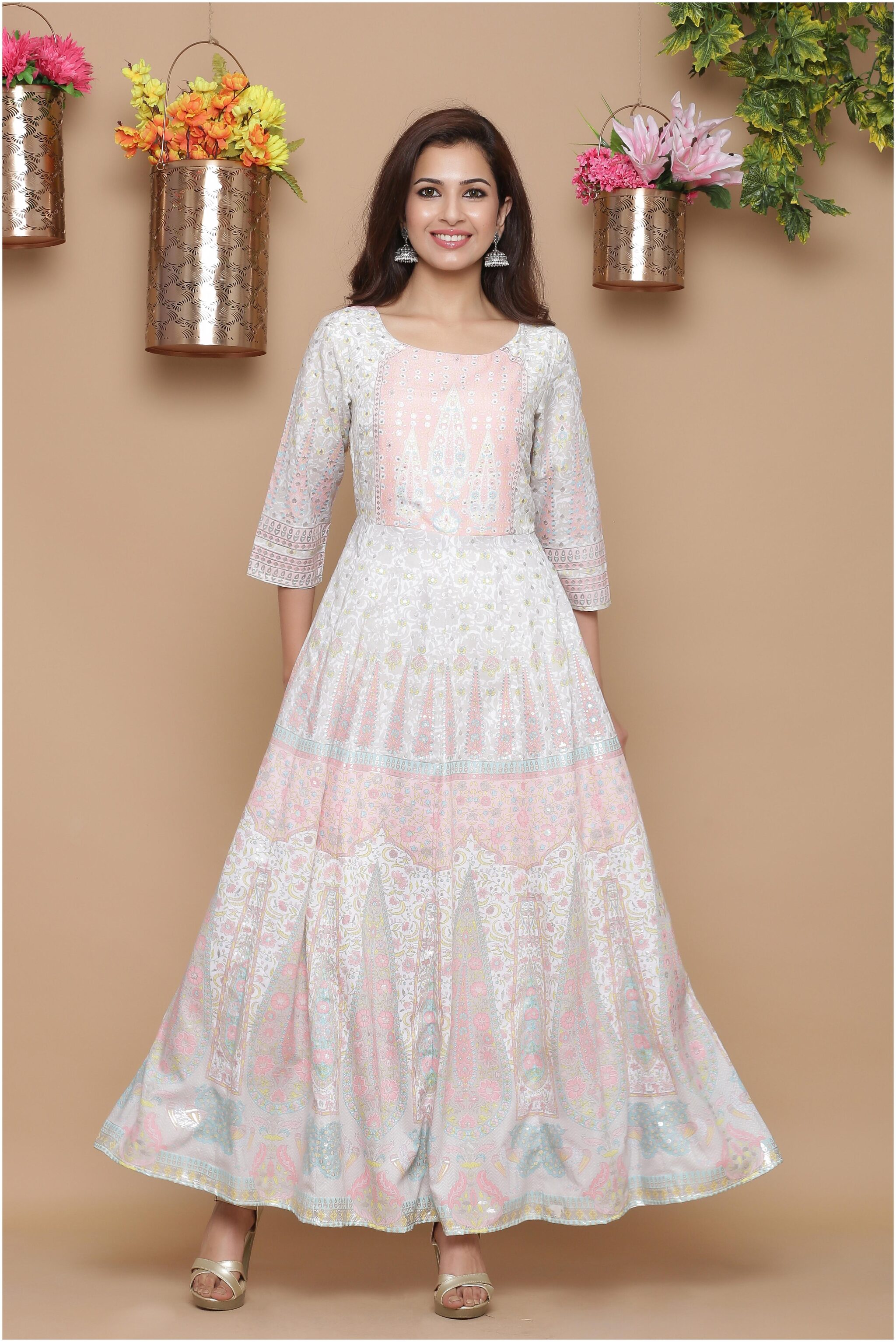 

Juniper Satin Ethnic Motifs Pink White Kurti For Women