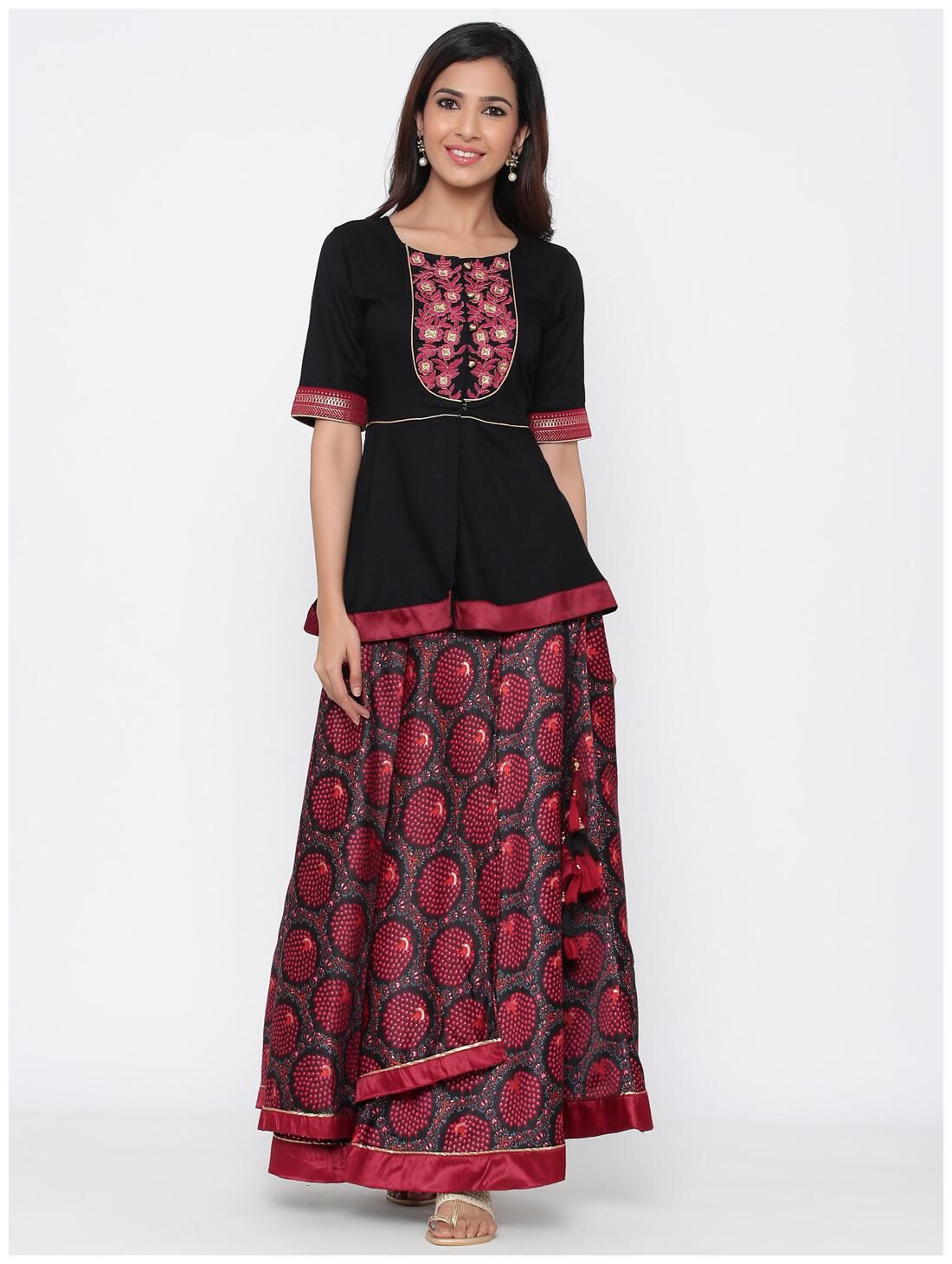

Juniper Satin Embroidered Black Color Crop Top Lehenga