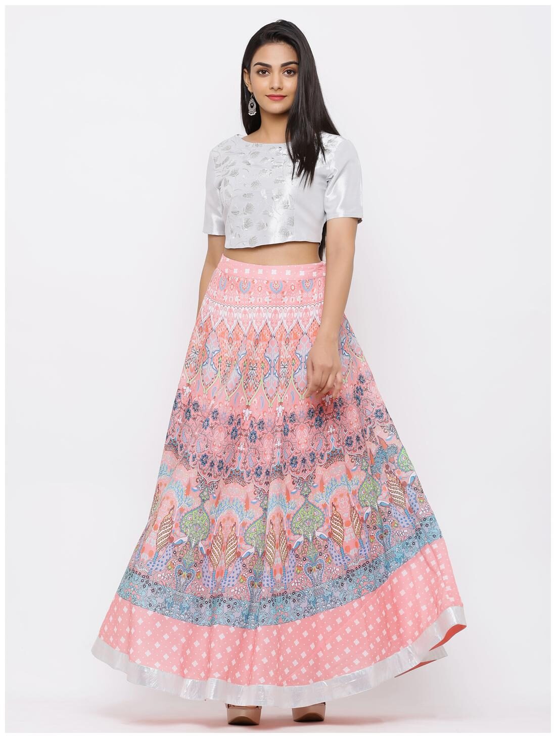 

Juniper Satin Embroidered Pink White Color Crop Top Lehenga